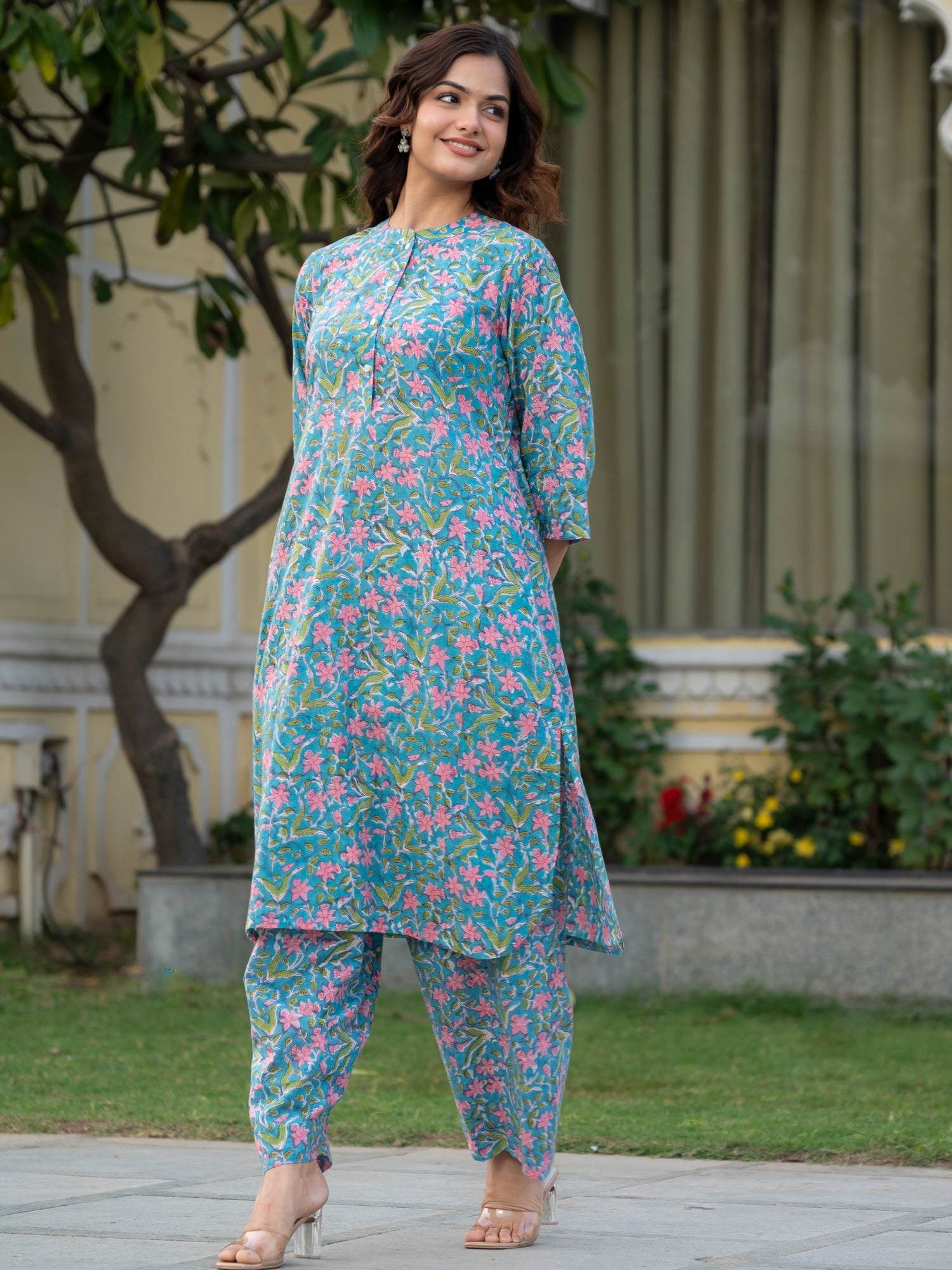 Matching cotton pants from sky blue hand block printed kurta co ord set