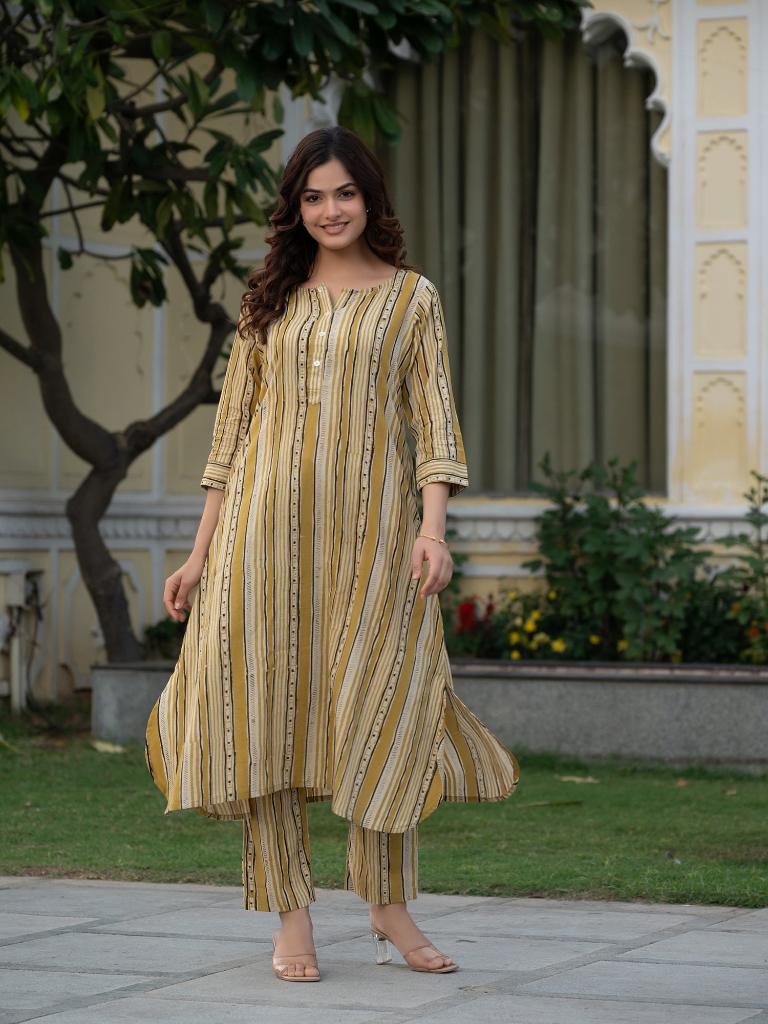 ajrakh cotton co-ord set for women in stripes pattern
