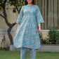 Artisan hand block floral detailing on pastel sky blue cotton co ord set