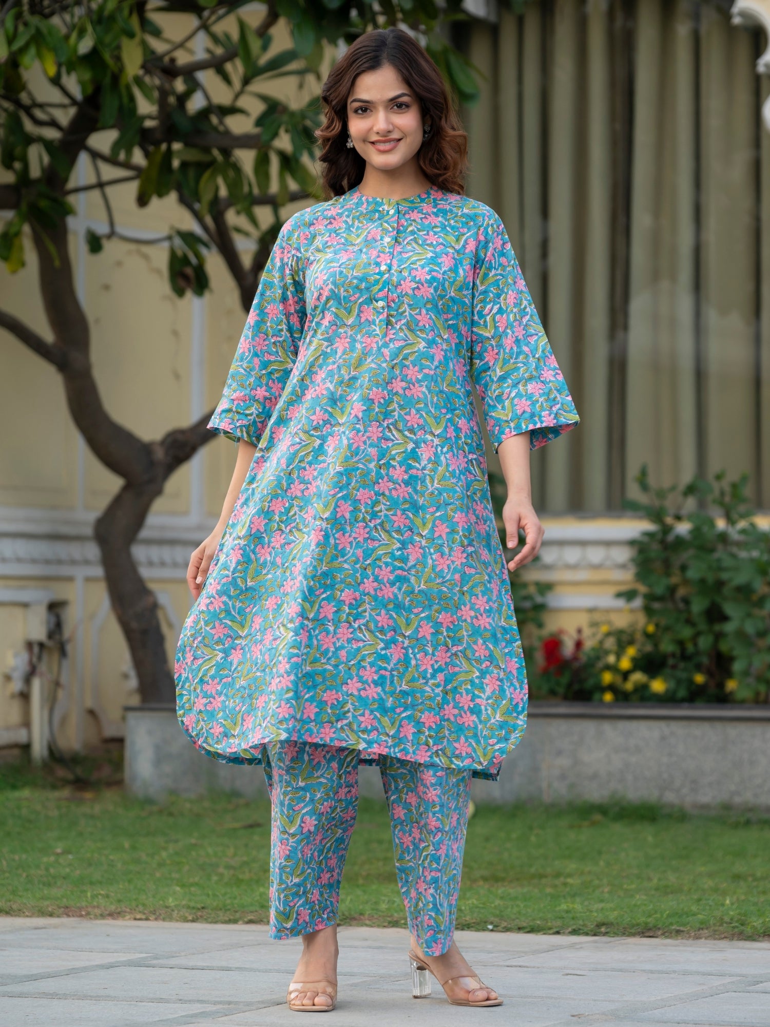 Artisan hand block floral detailing on pastel sky blue cotton co ord set