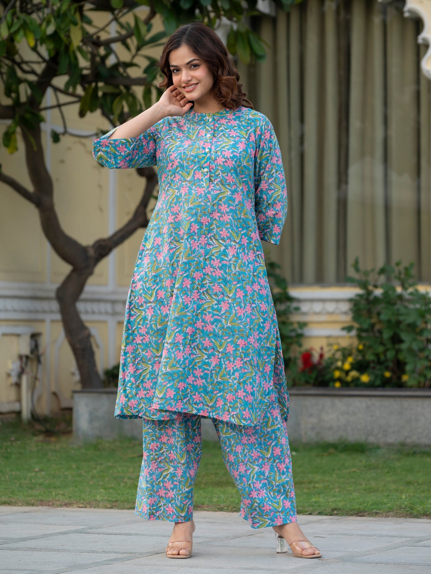 Women wearing sky blue pastel cotton kurta co ord set for summer casual outings