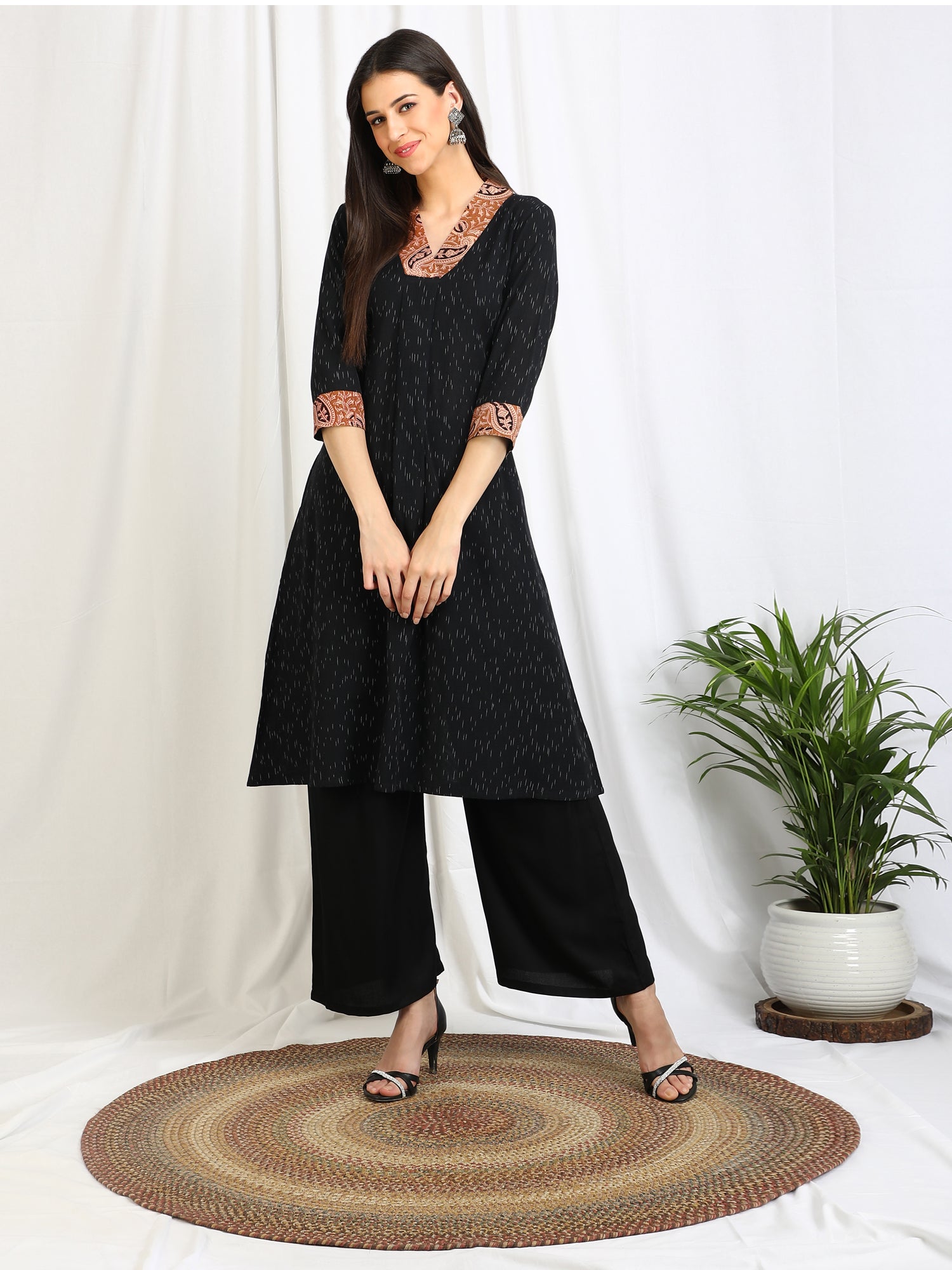 Black Ikat Kurta with bold collar