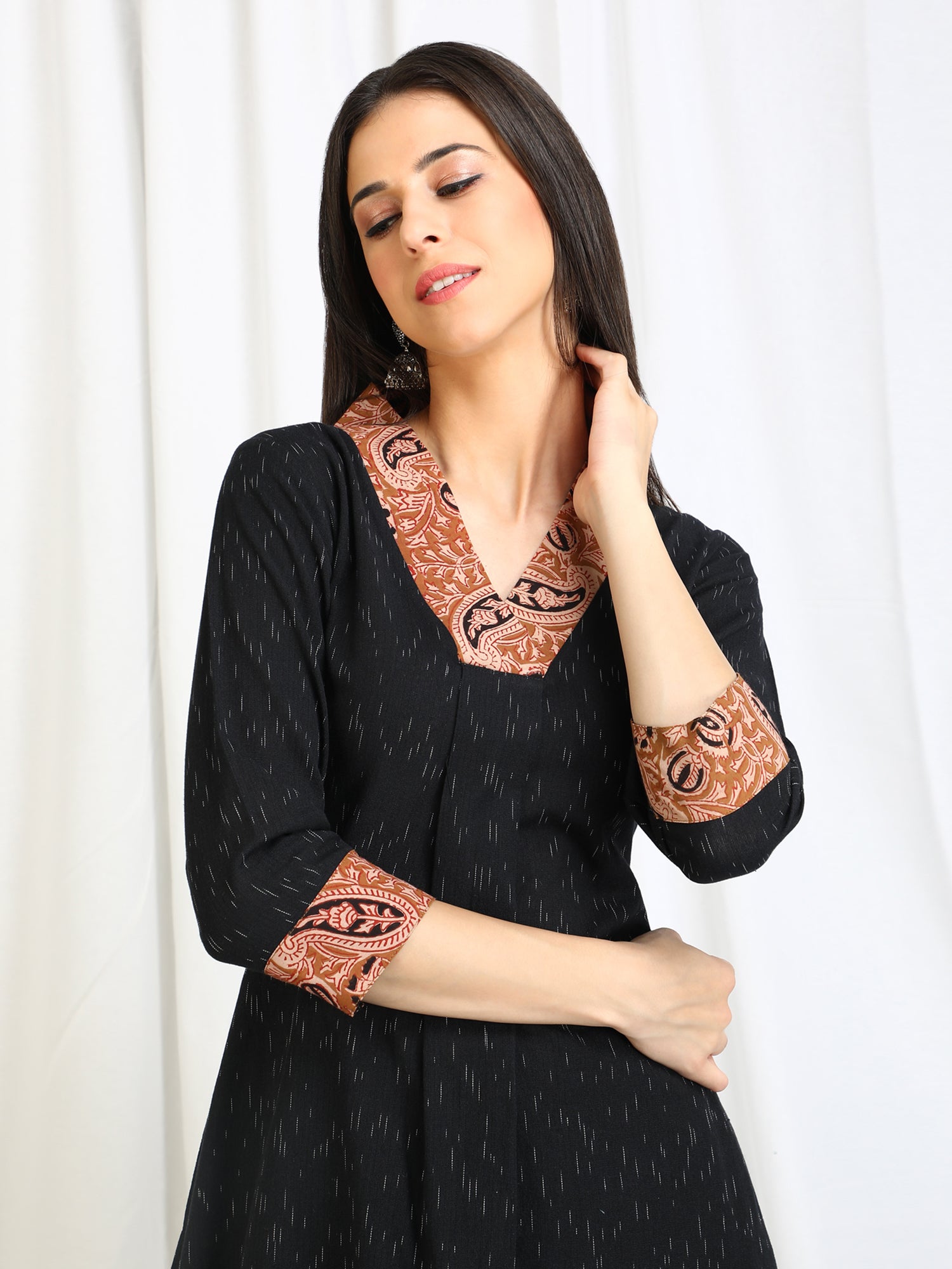 Black Ikat kurta with brown collar