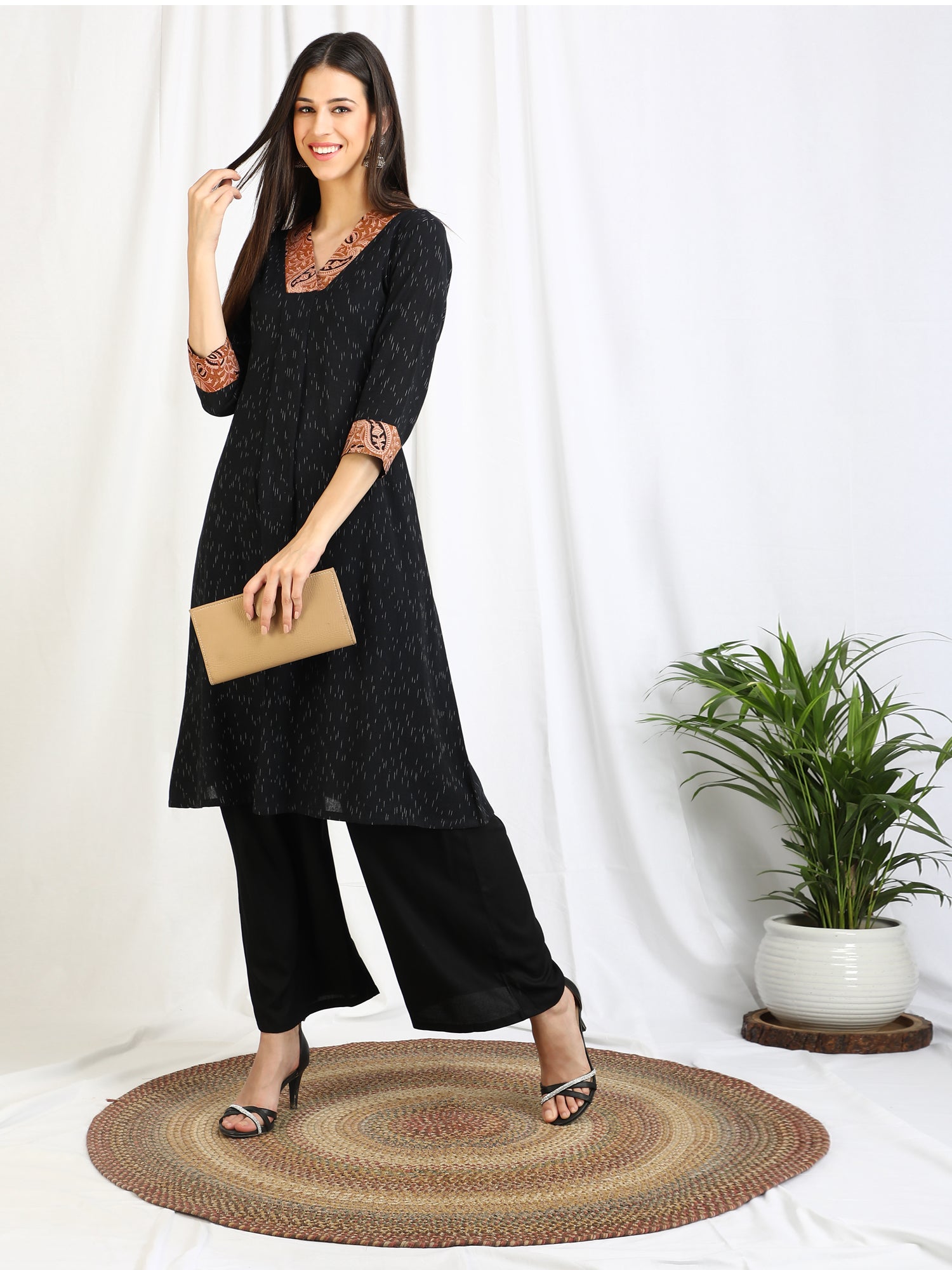 Black ikat Kurti with contrast collar