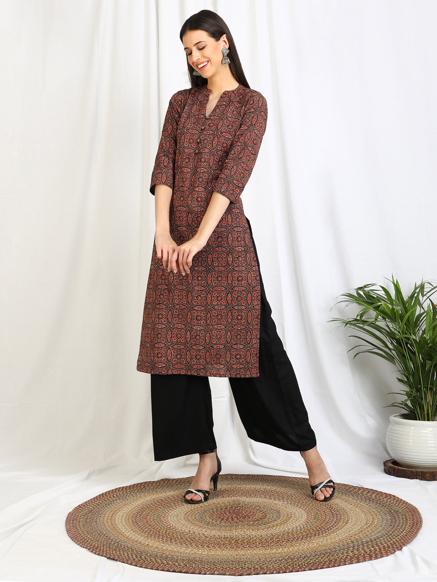 Ajrakh Block Print 'Amber' Cotton Long Kurta