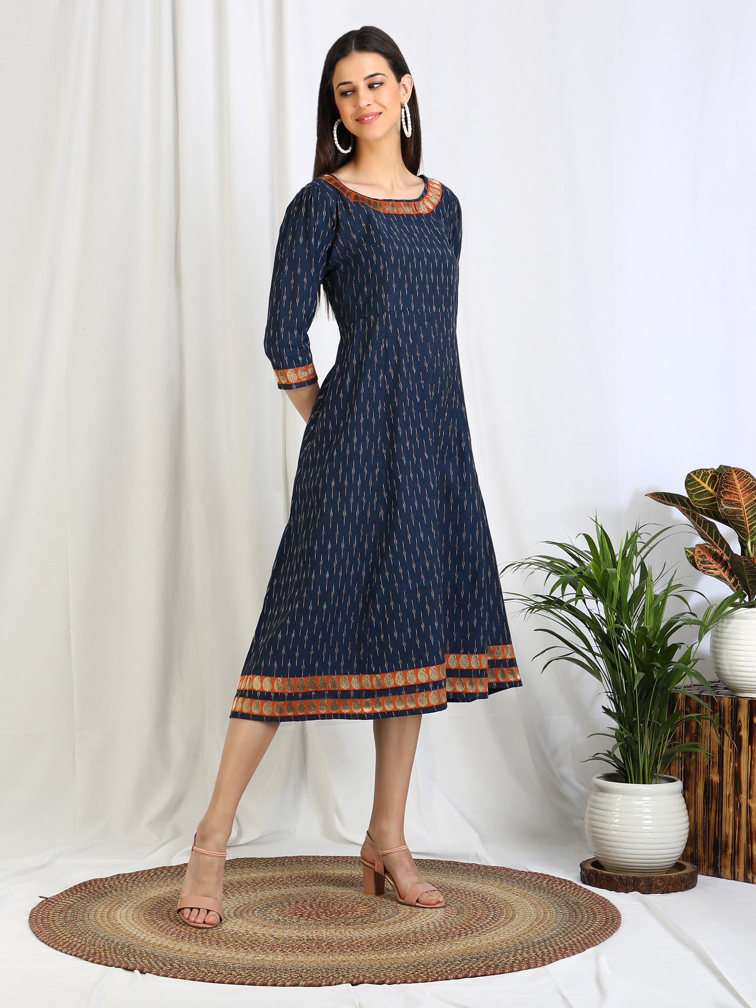 Navy Blue Ikat Cotton Dress for women 