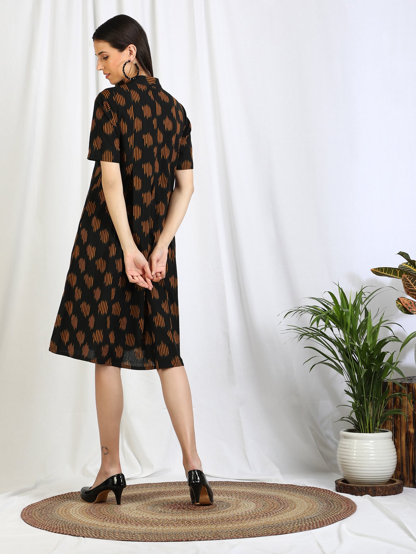 black ikkat cotton midi dress for women 