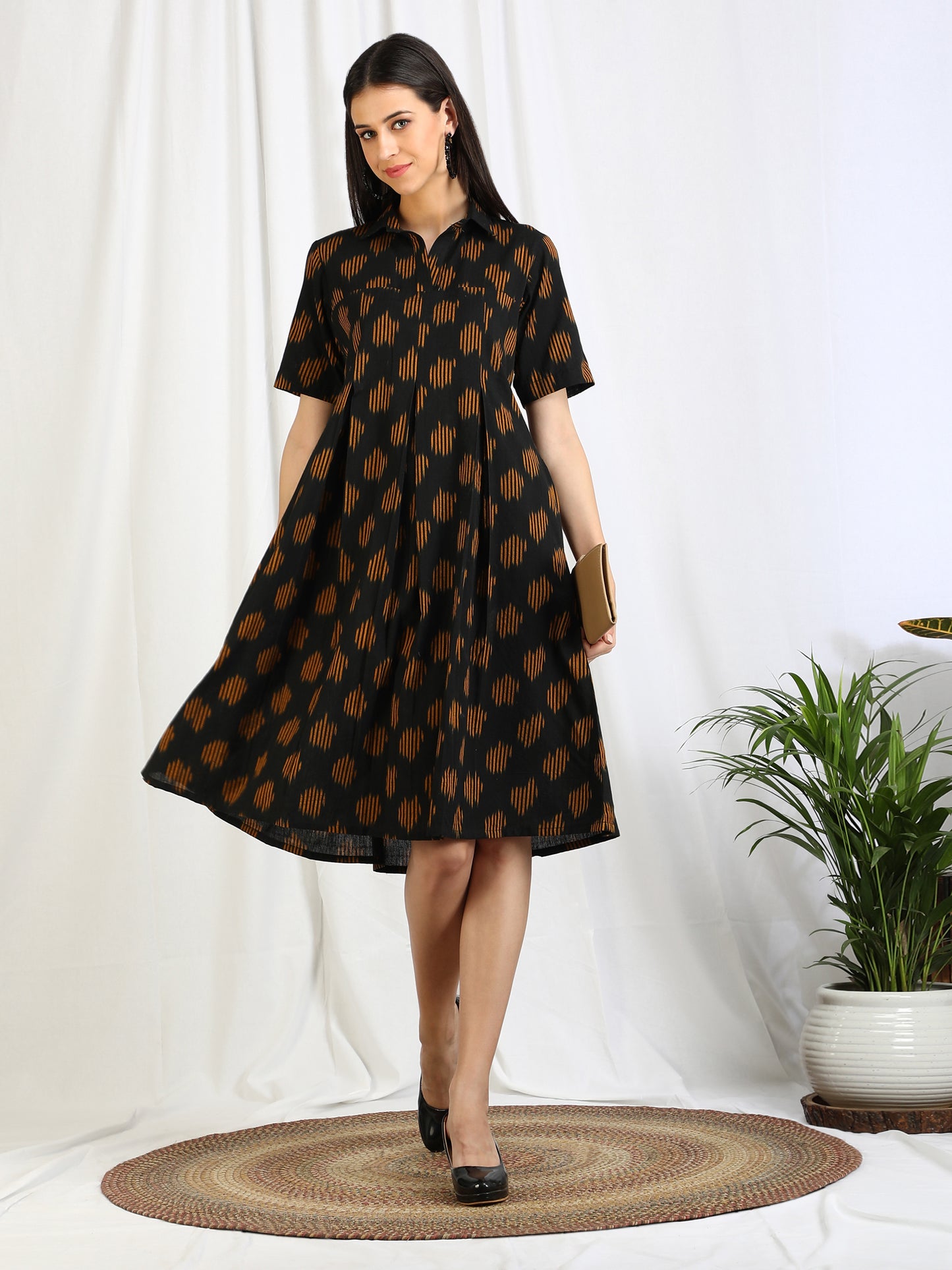 black ikat cotton midi dress for women 