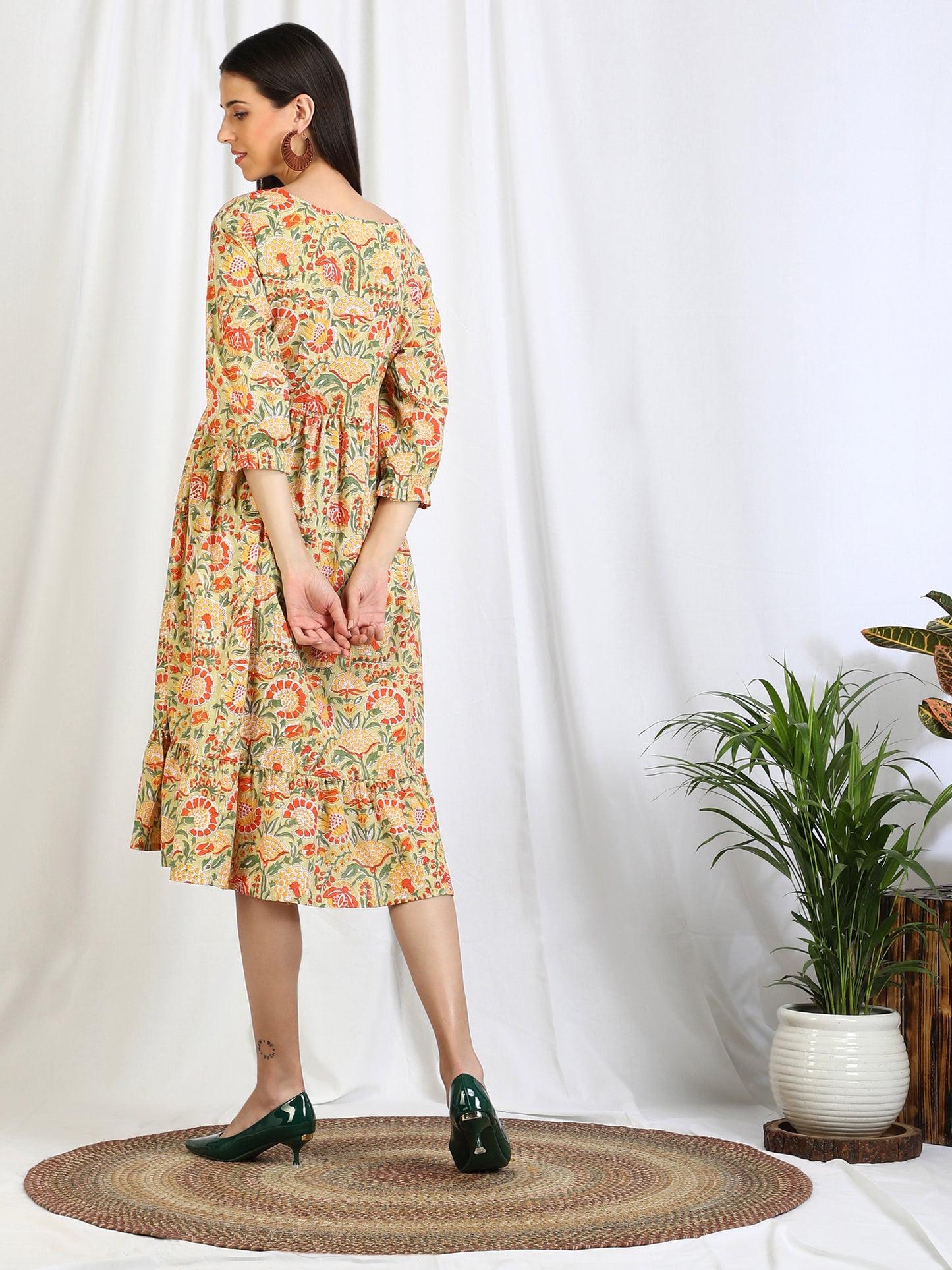 Yellow Cotton Midi Dress for women