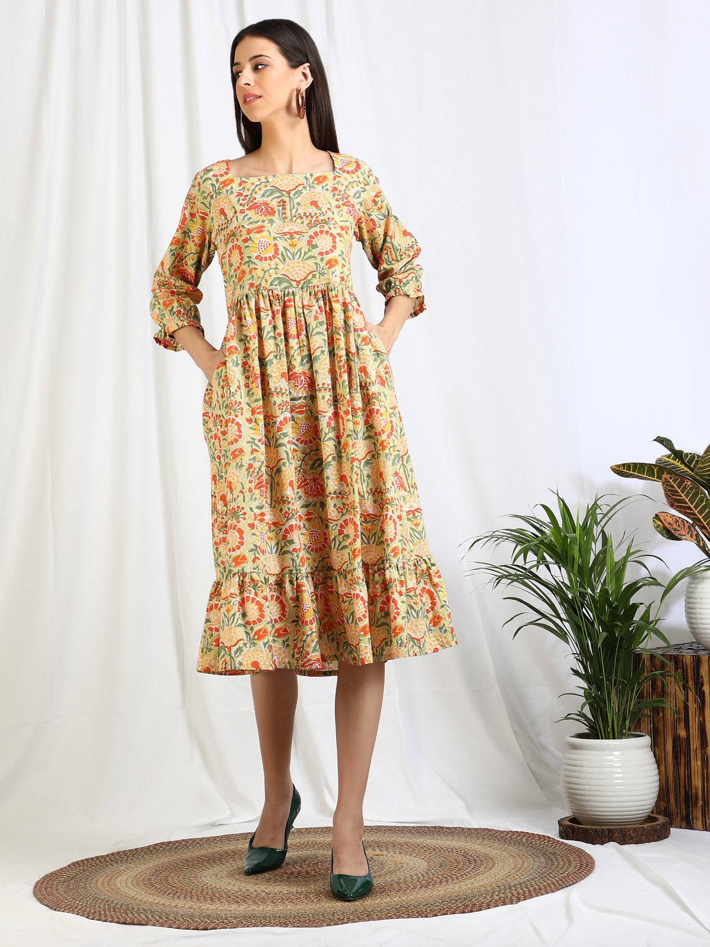 Yellow Cotton Midi for women