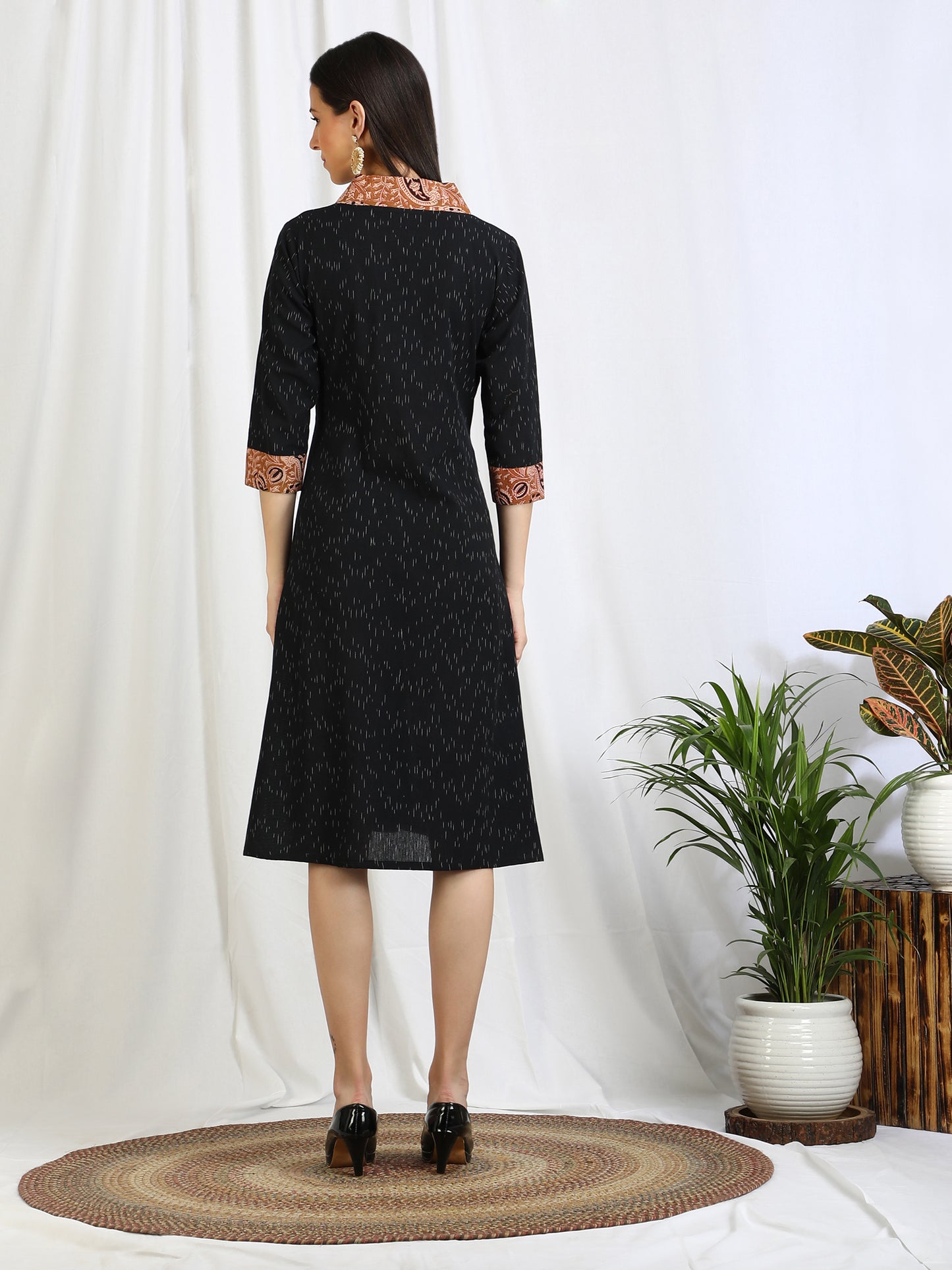 Black Midi Dress in Ikat Cotton 