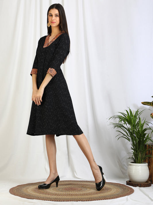 Black Ikat Cotton Midi Dress for Women