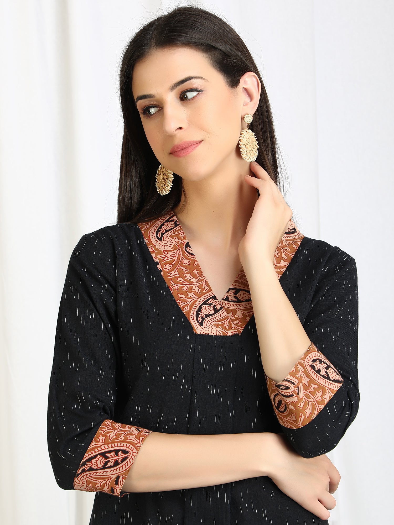 Black Ikat Cotton Dress with COntrast Collar