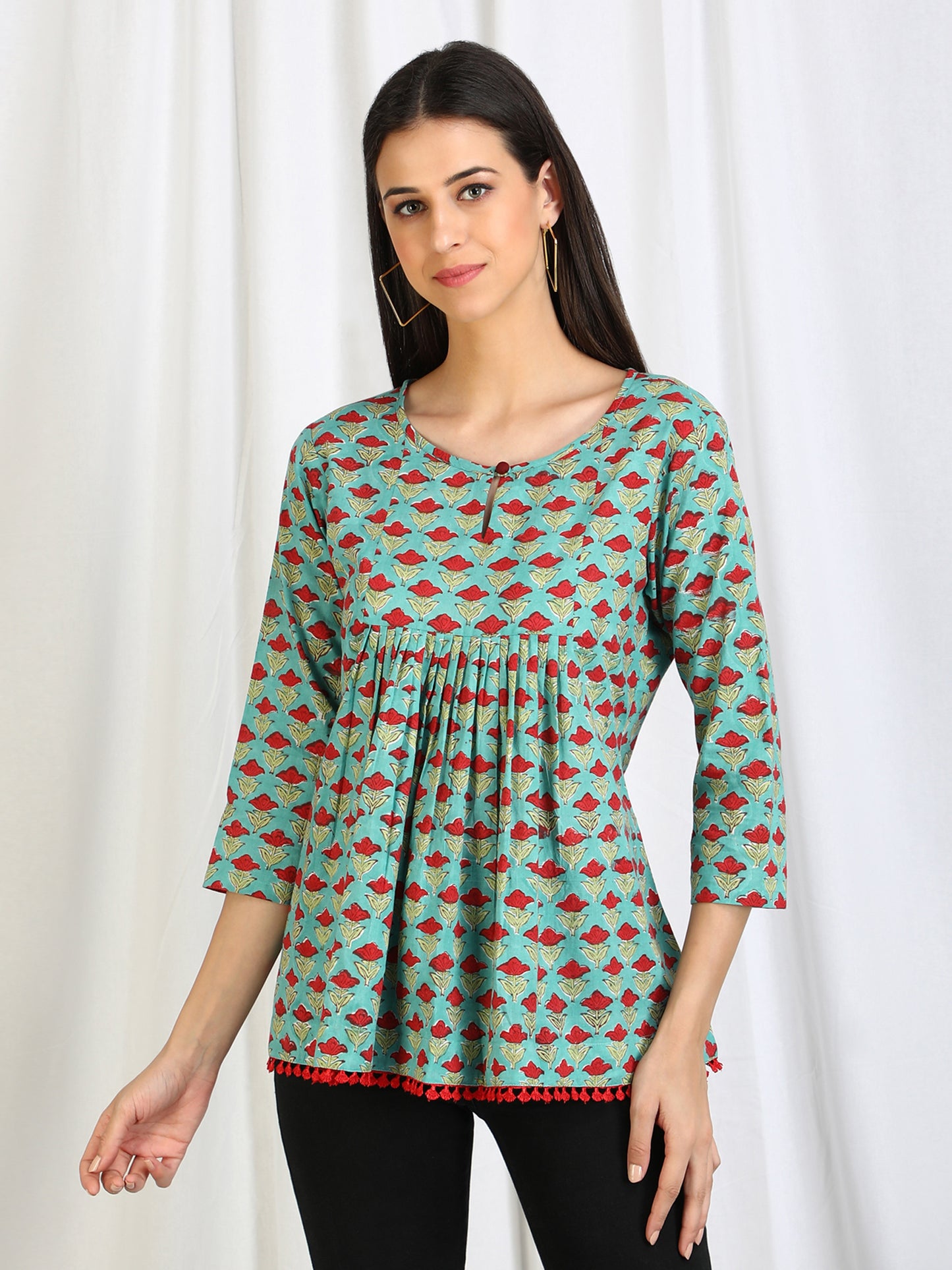 Green Cotton block print tops online