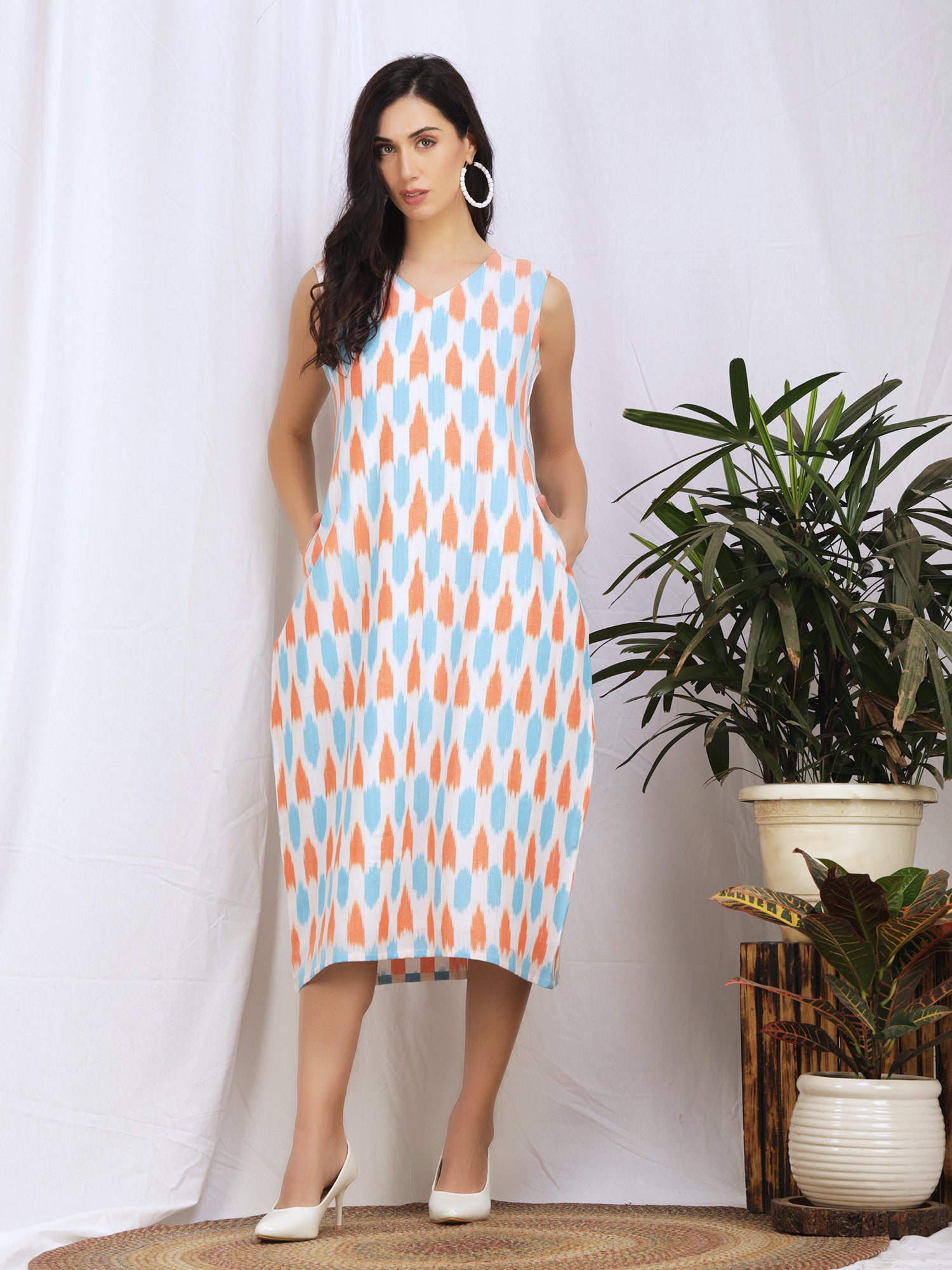 white ikat cotton boho dress