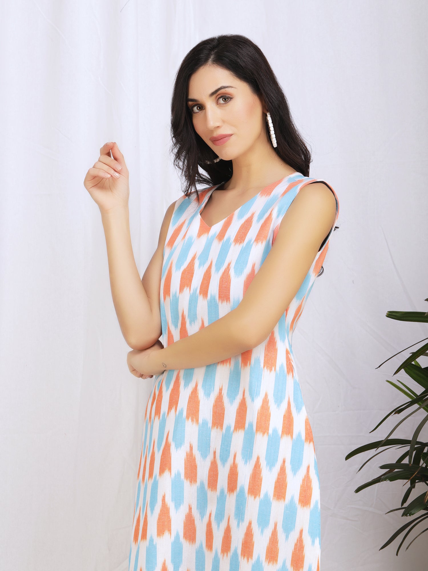 white printed cotton dress in ikkat cotton