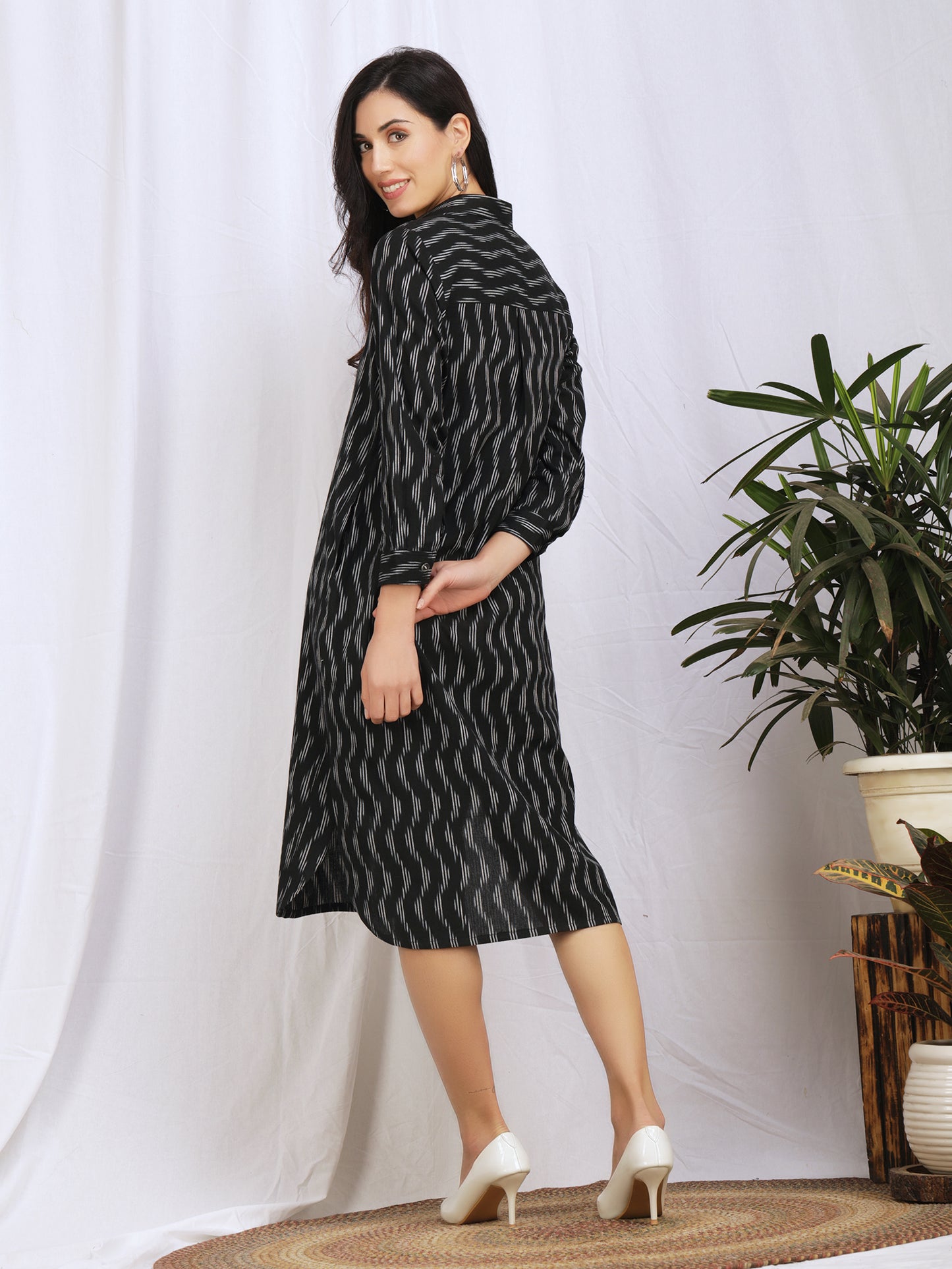 Black Ikat cotton button down dress