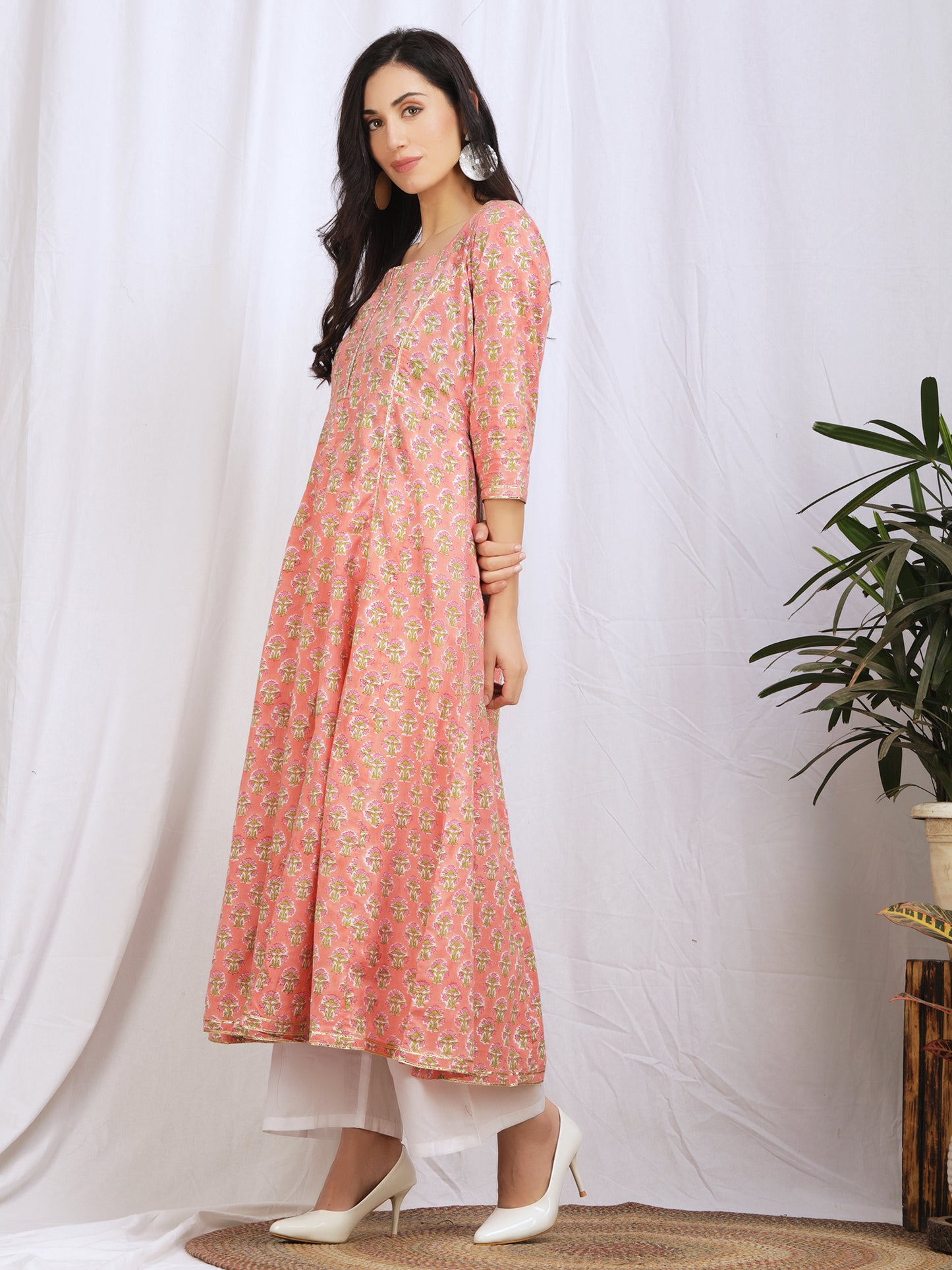 Peach Pink Anarkali Cotton Coord Set