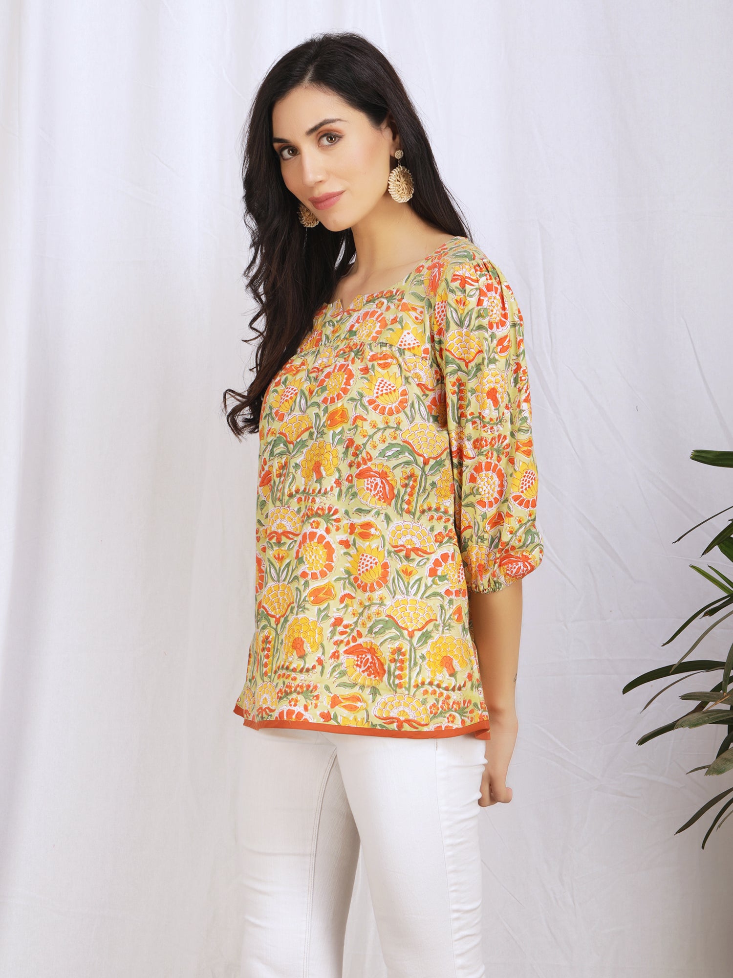 Pastel Yellow Blockprint pure cotton top for women
