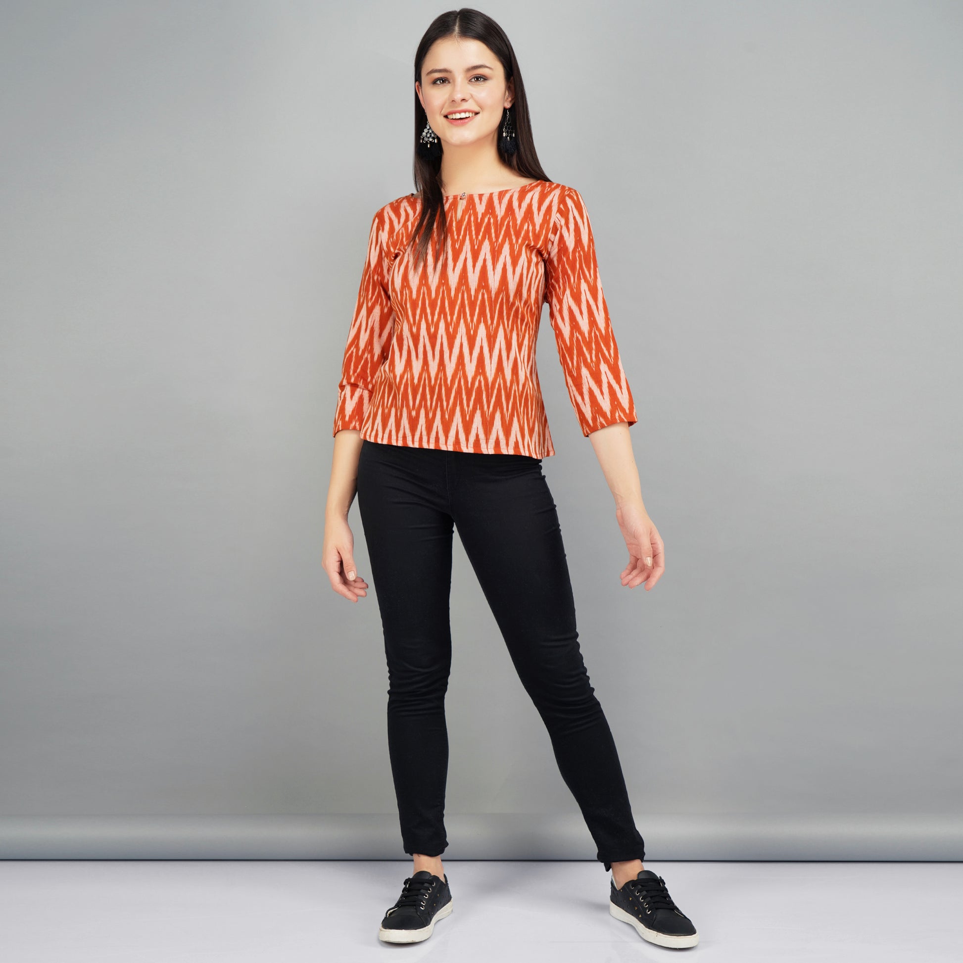 Brown ikat cotton tops for women