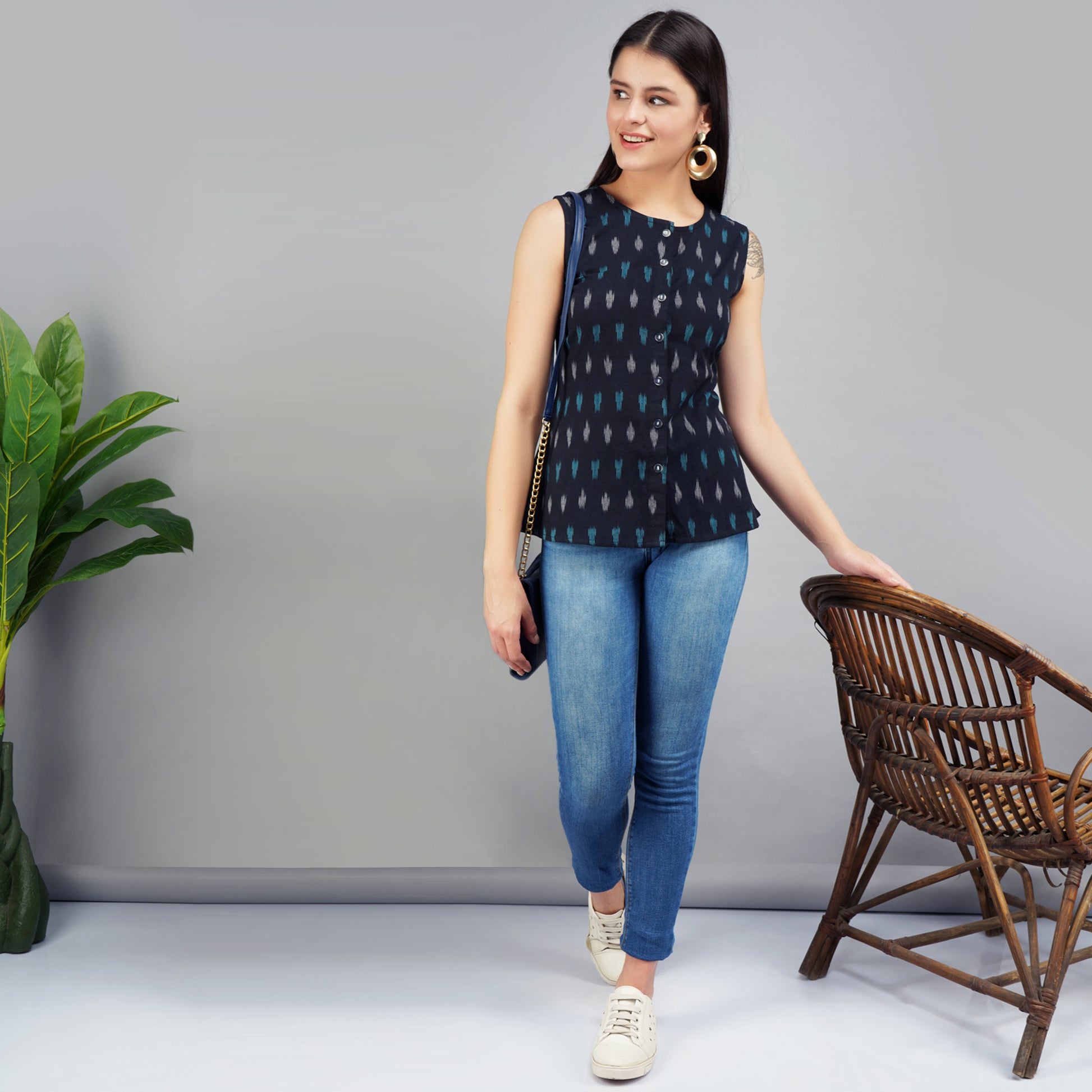 Ikat Cotton Button Down Top for women