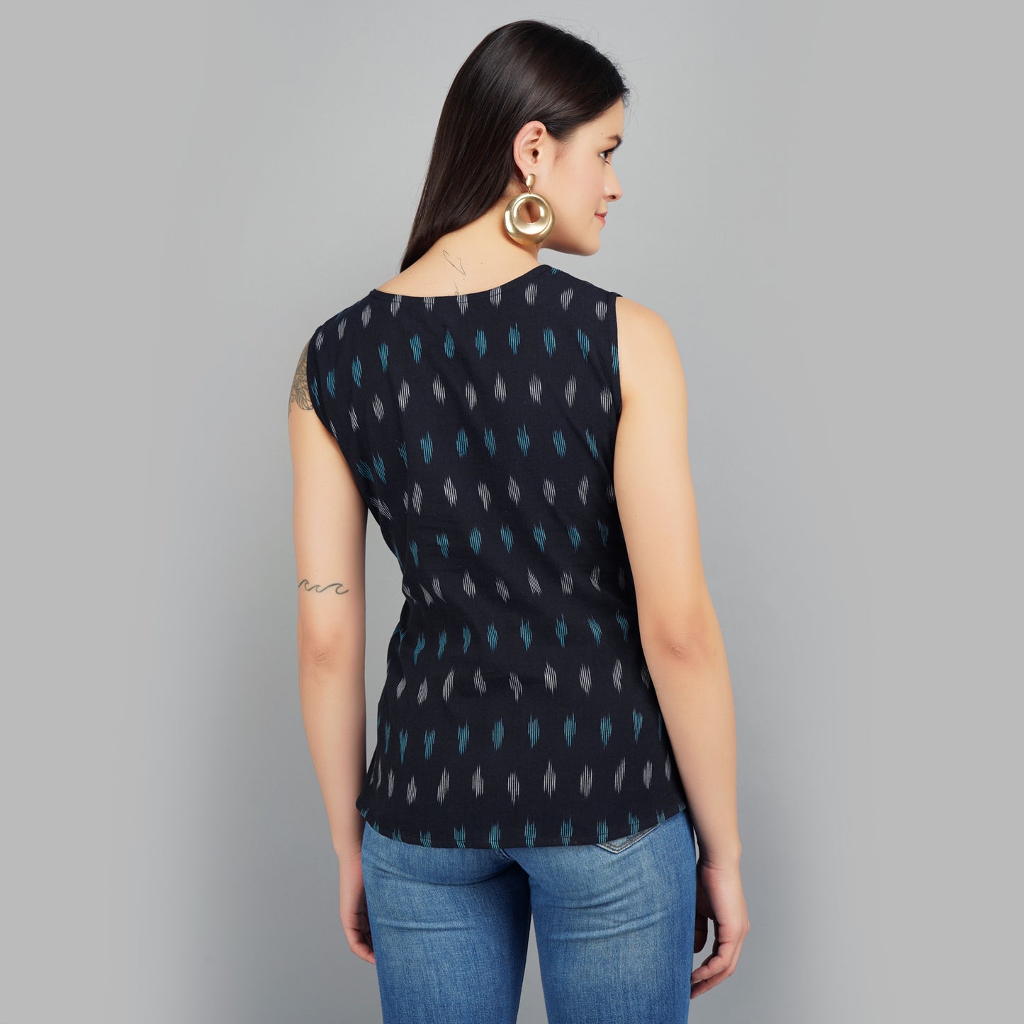 Black ikat cotton tops for women
