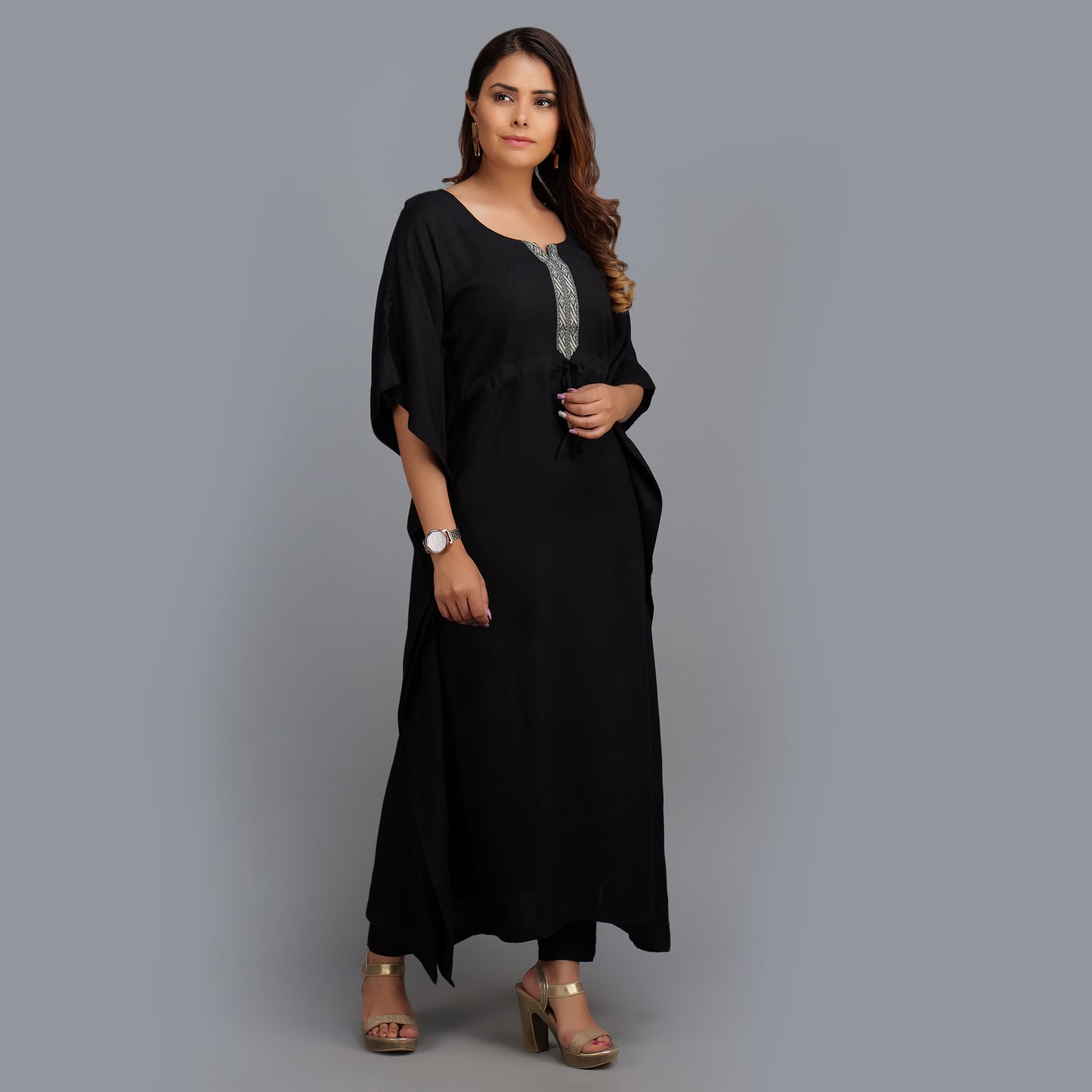 Darzaania Black Rayon Kaftan Set