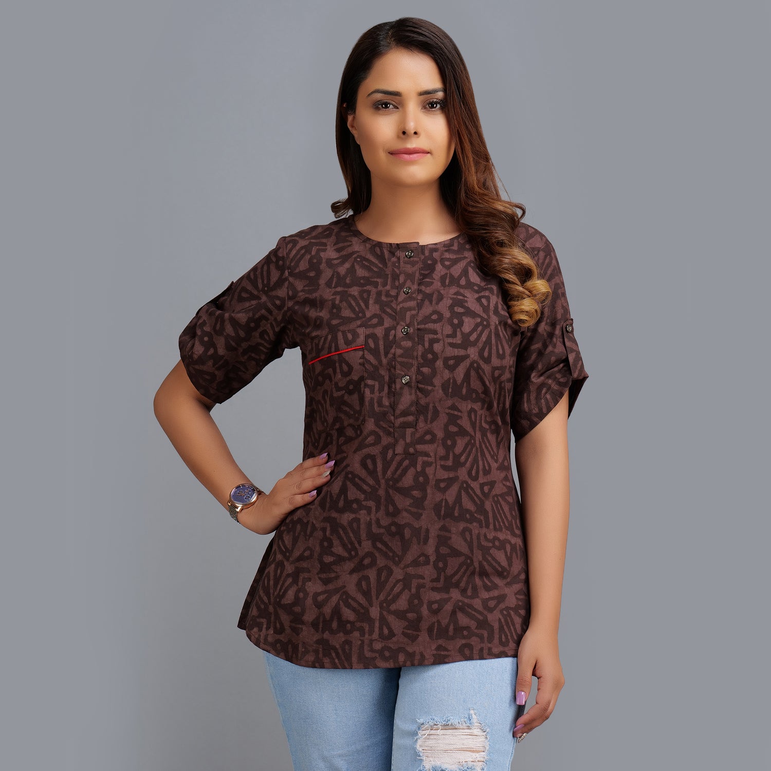 Darzaania Brown Handblocked Pure Cotton Top