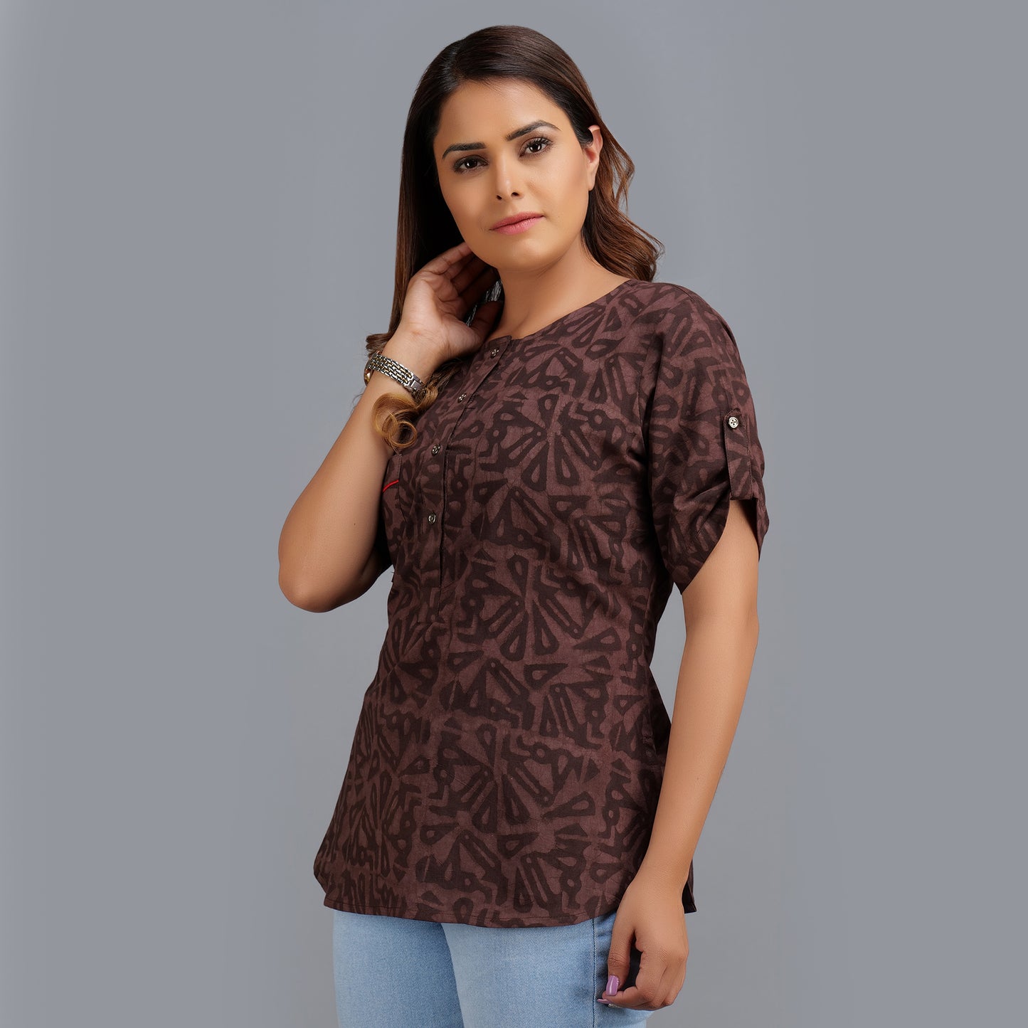Handblock Brown Cotton Top