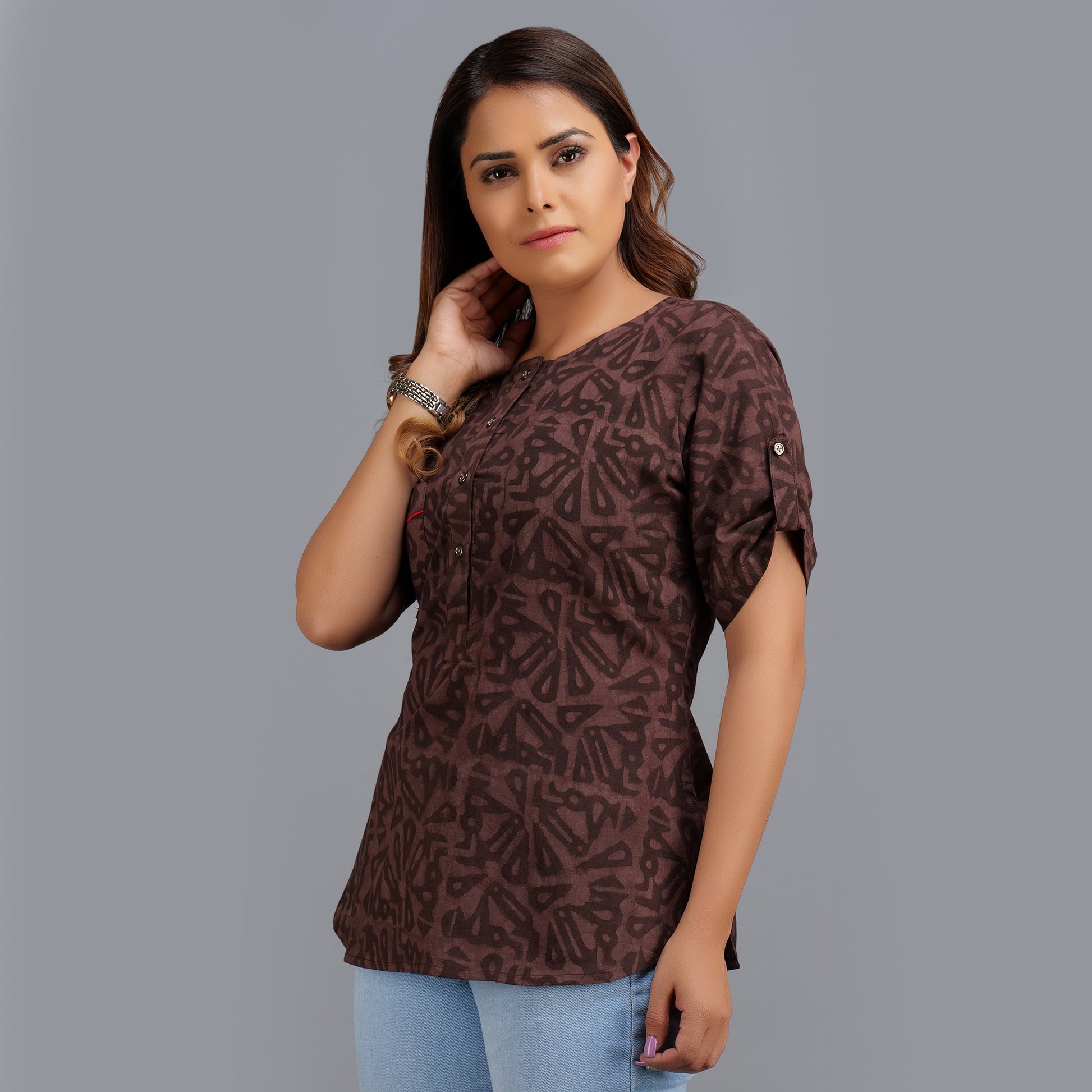 Handblock Brown Cotton Top