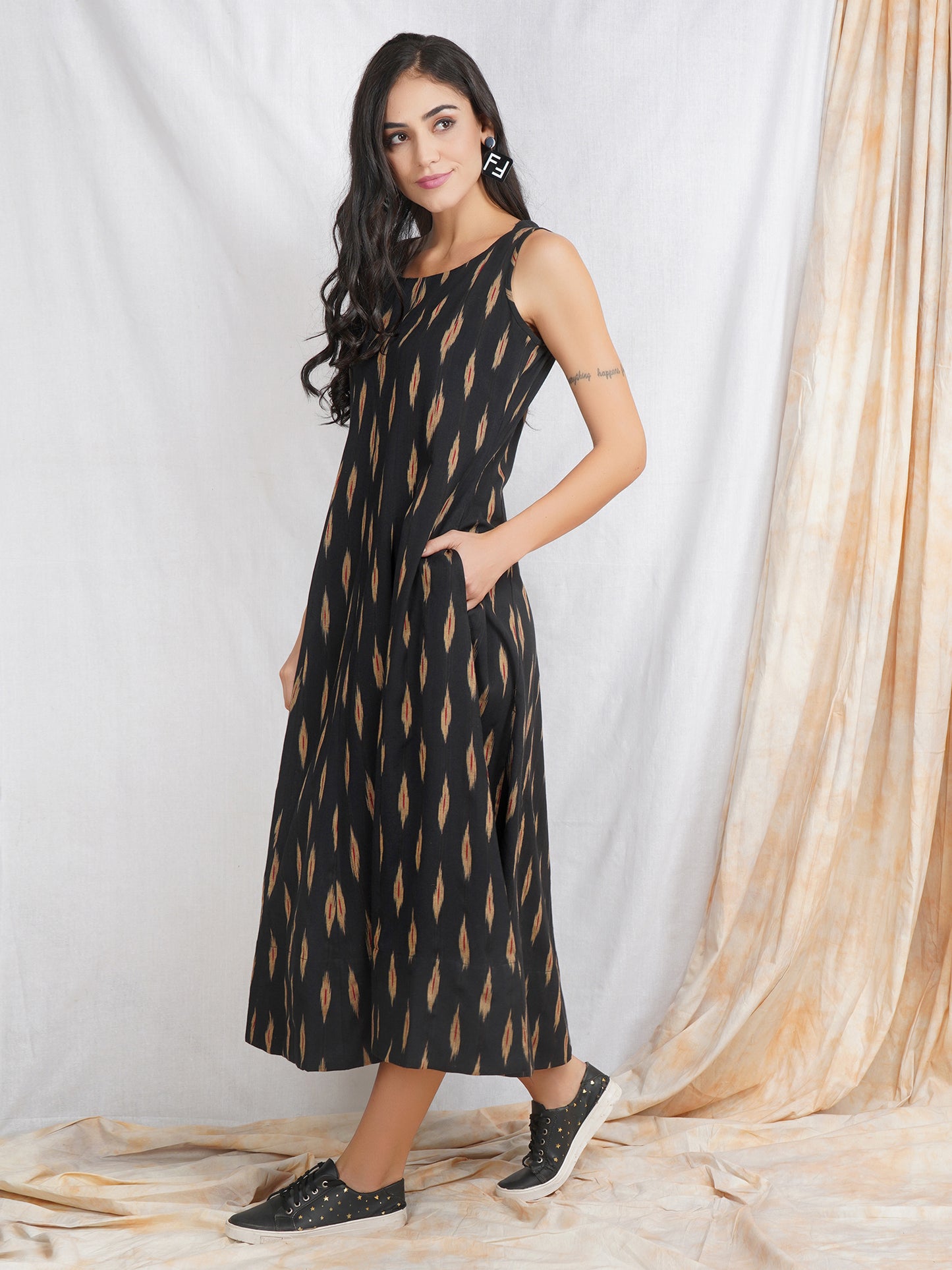 Black Ikat Cotton 'Reeva' Maxi Dress