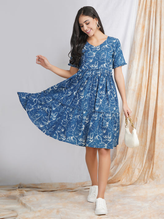 Natural Indigo Cotton Midi Dress