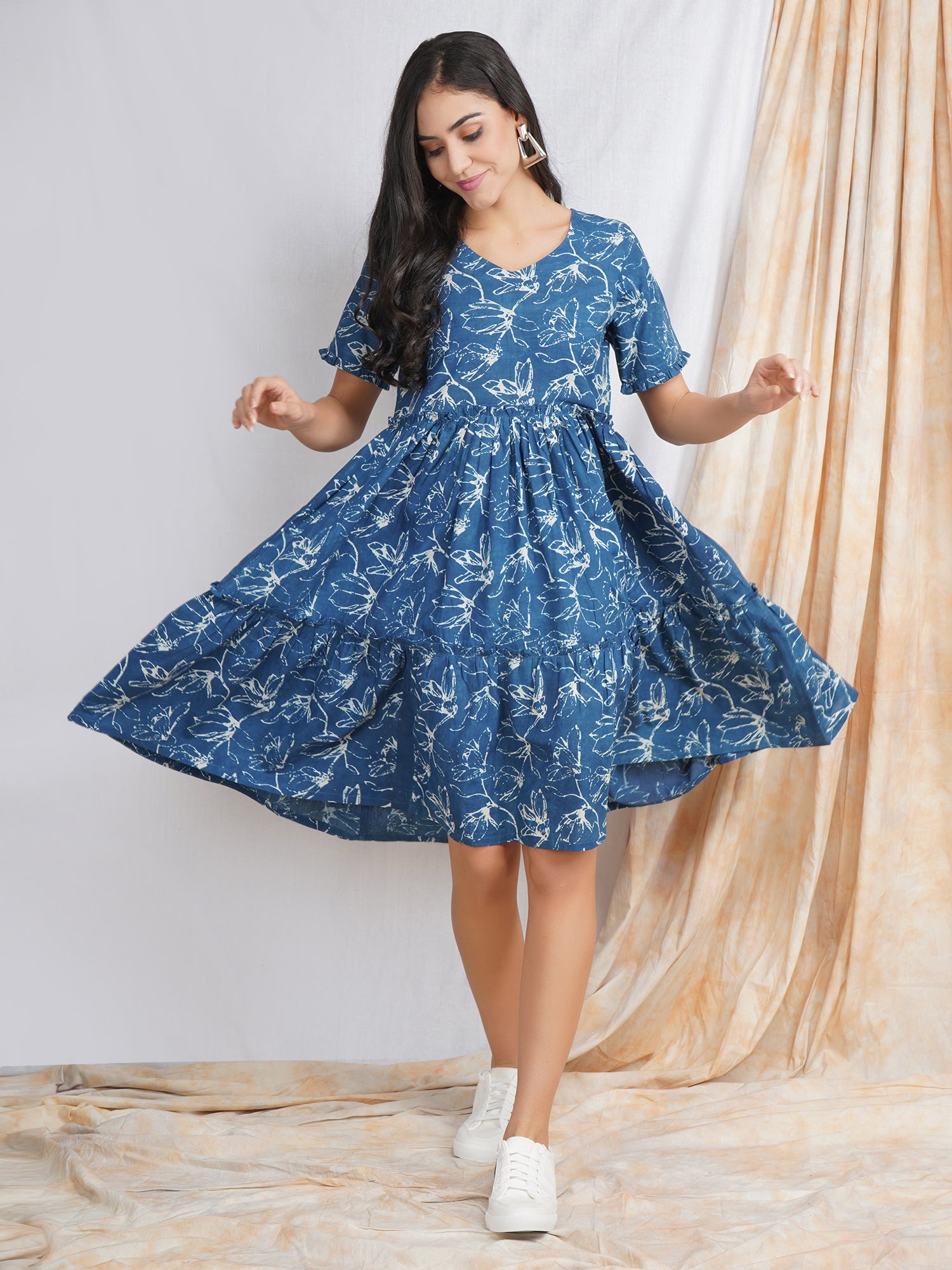 Natural Indigo Cotton Midi Dress