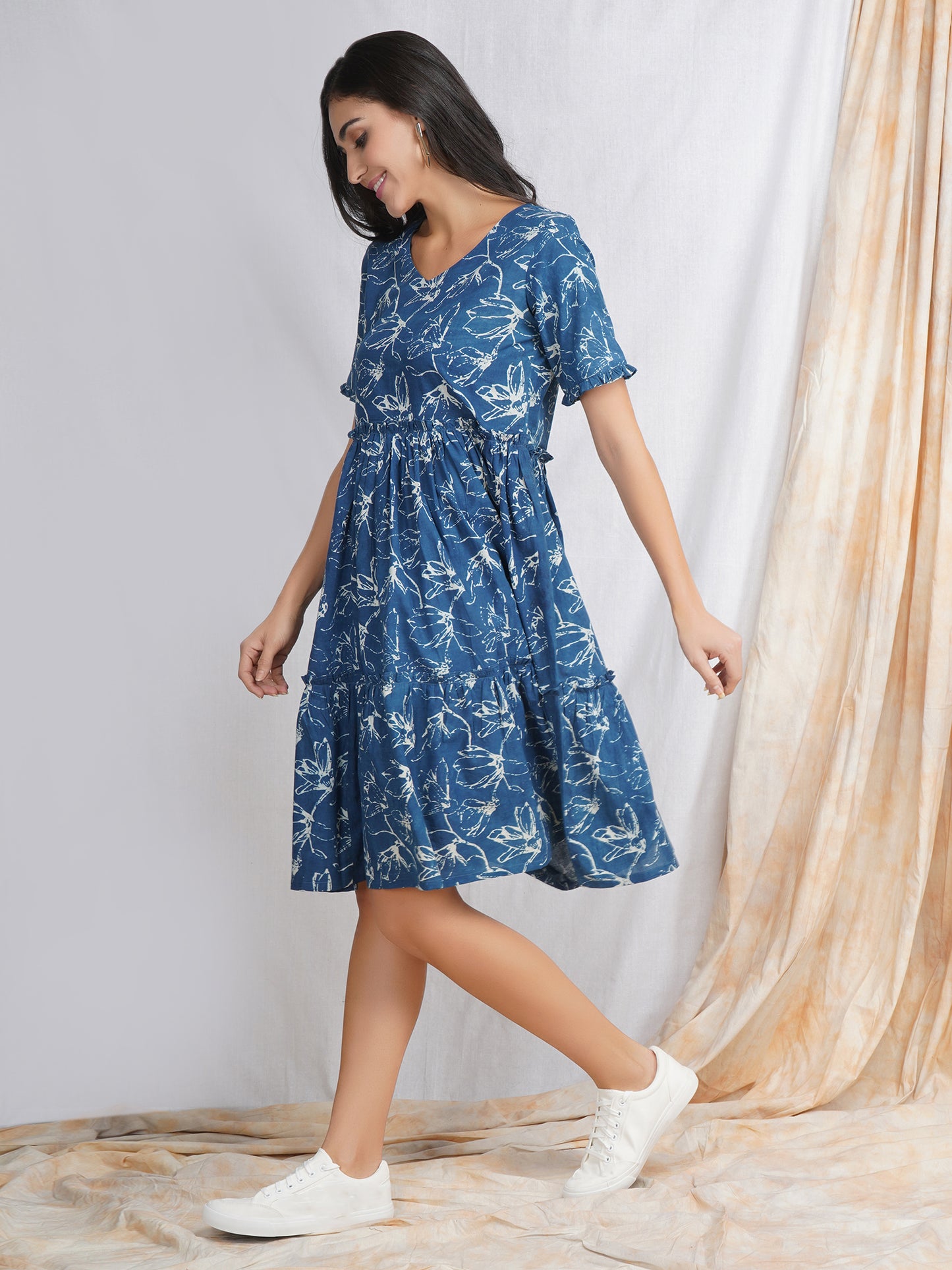 Darzaania Natural Indigo Cotton Midi Dress