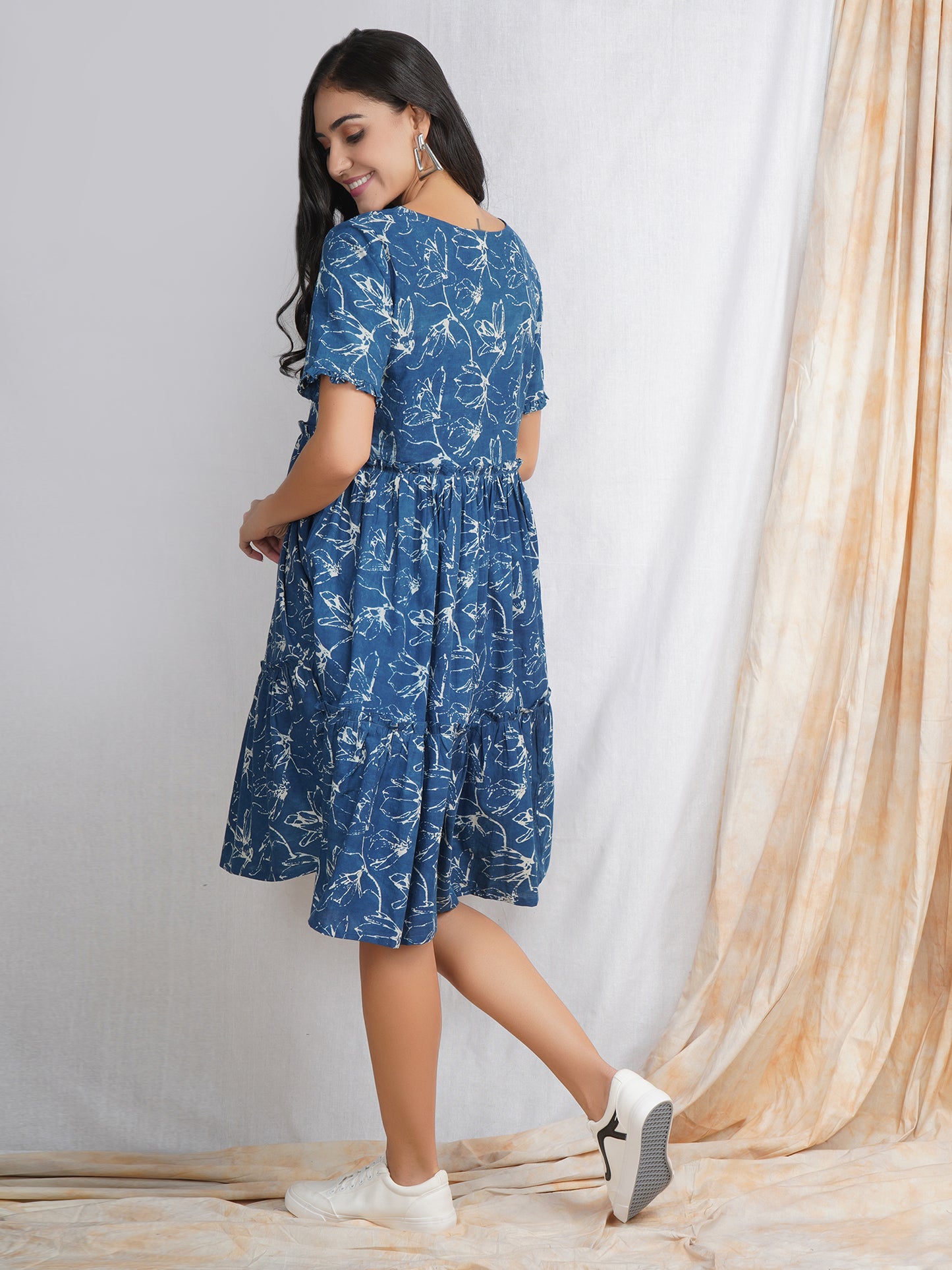Natural Indigo Cotton Midi Dress