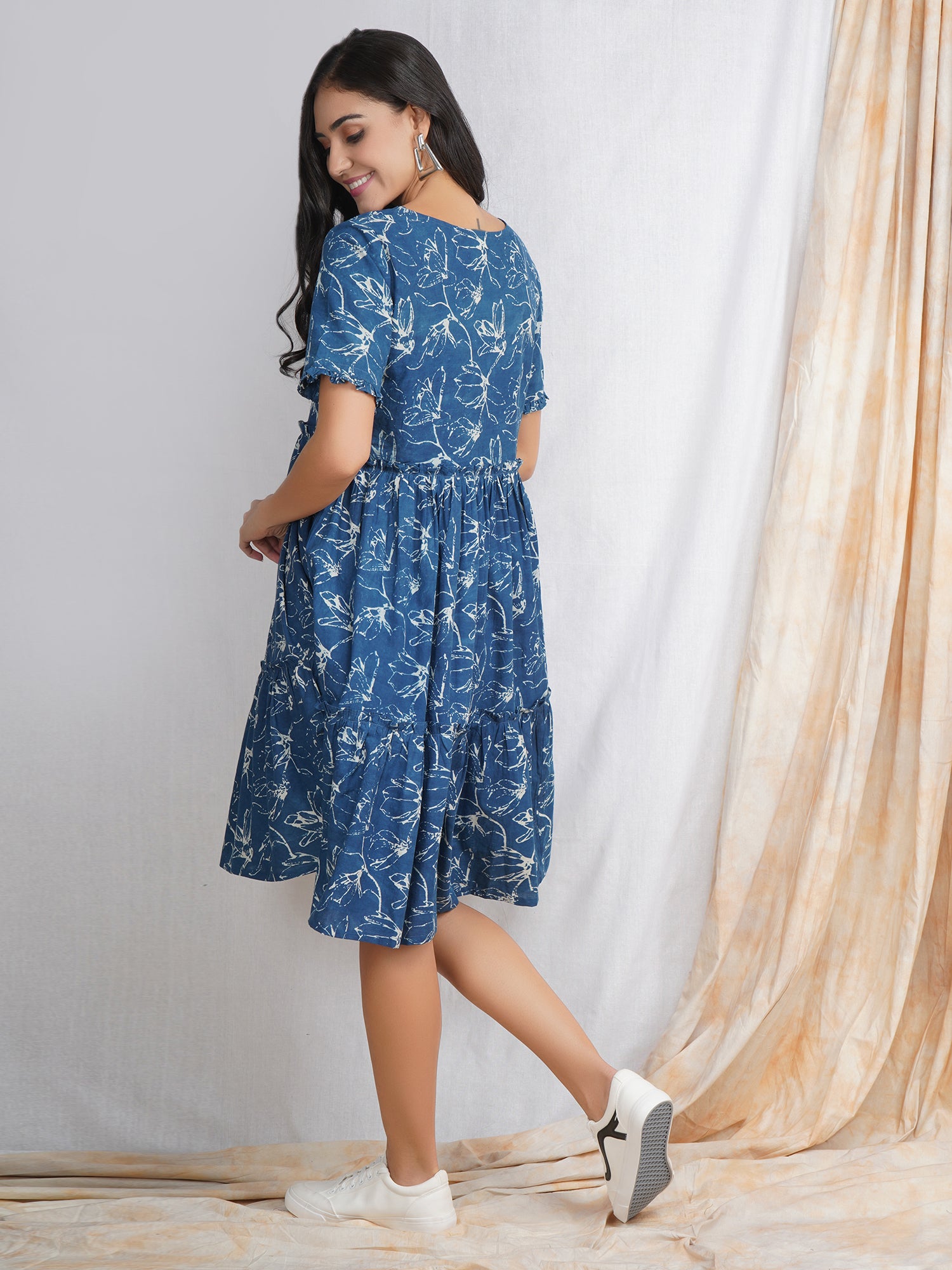 Natural Indigo Cotton Midi Dress
