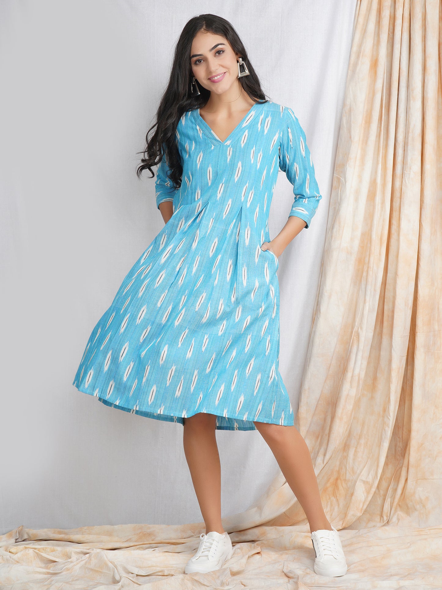 Aqua Blue Ikat Coton Dress for Women 
