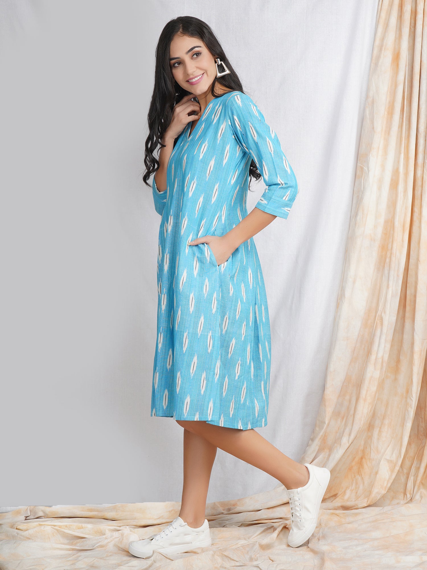 Blue Ikat cotton midi dress
