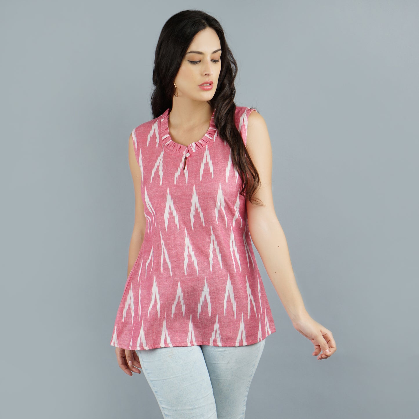 Pink Ikat Sleeveless Tops for women