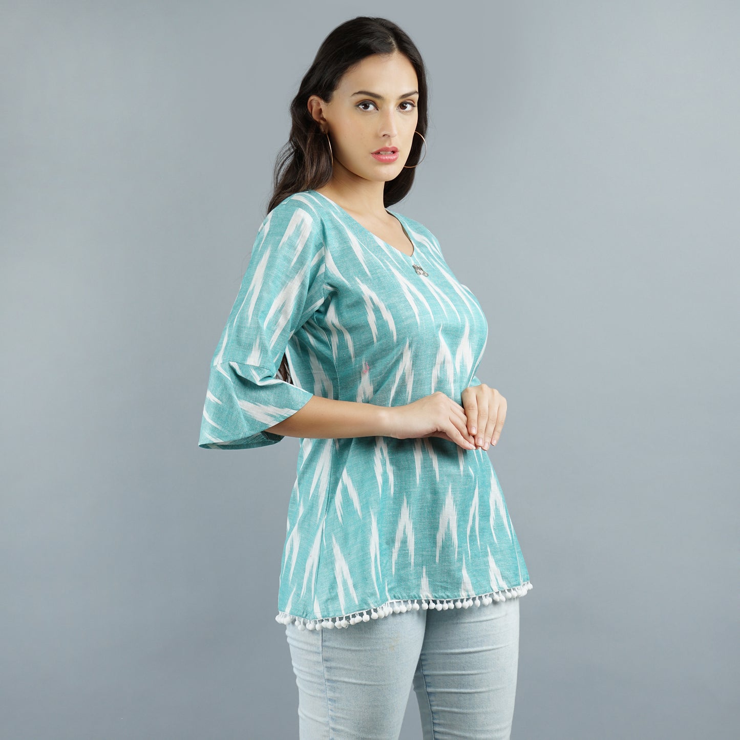 Green Ikat lace hem top
