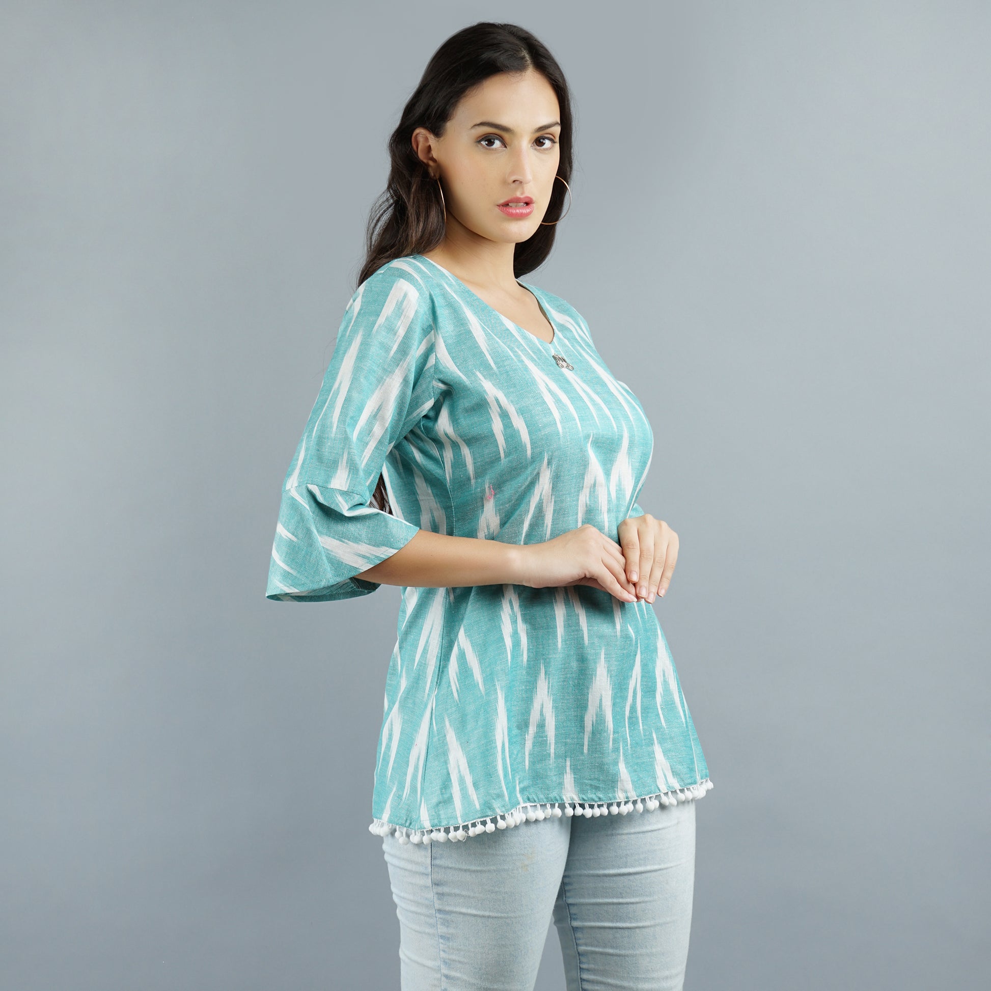 Green Ikat lace hem top