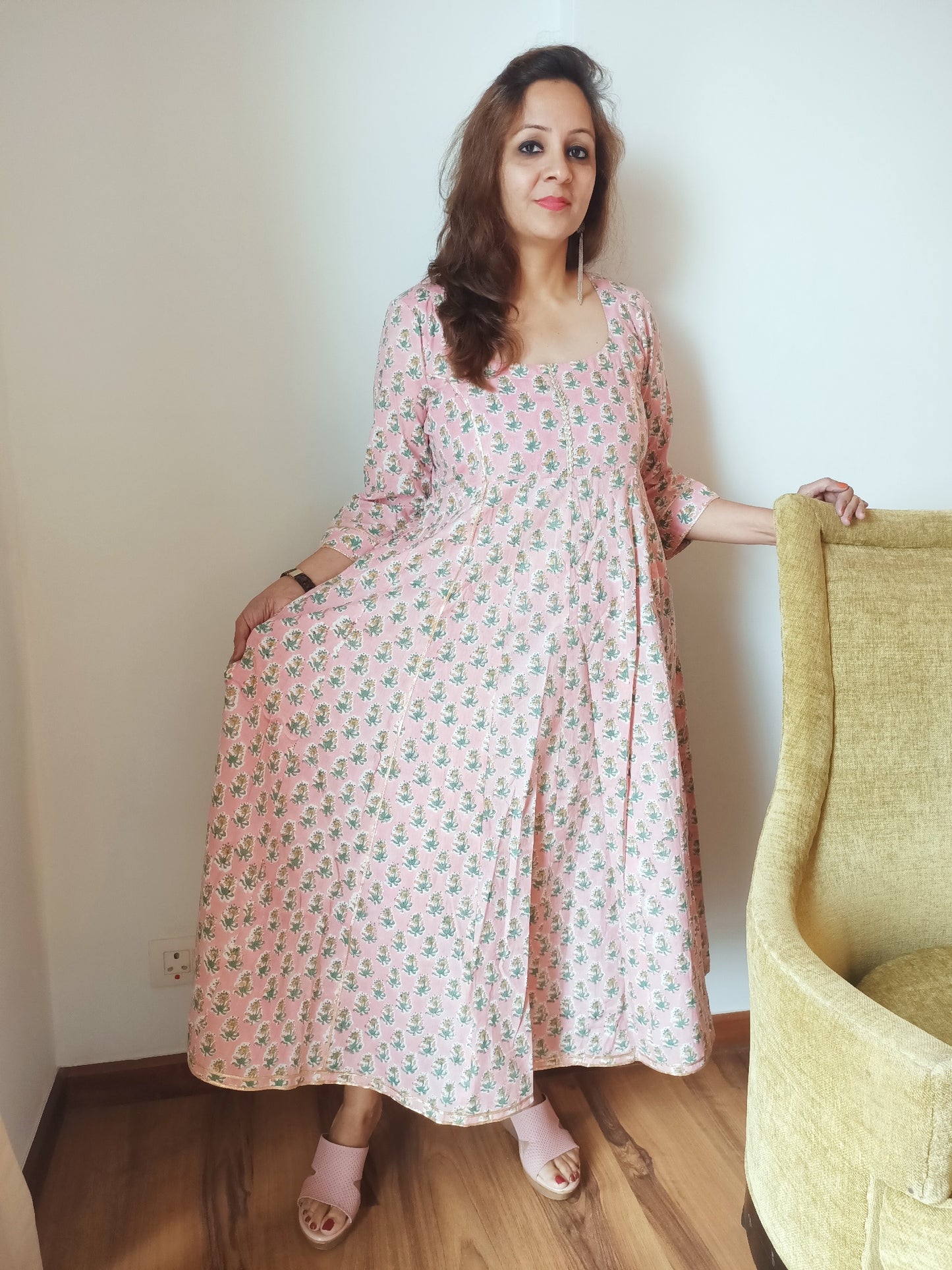 Pink cotton dress with gota work