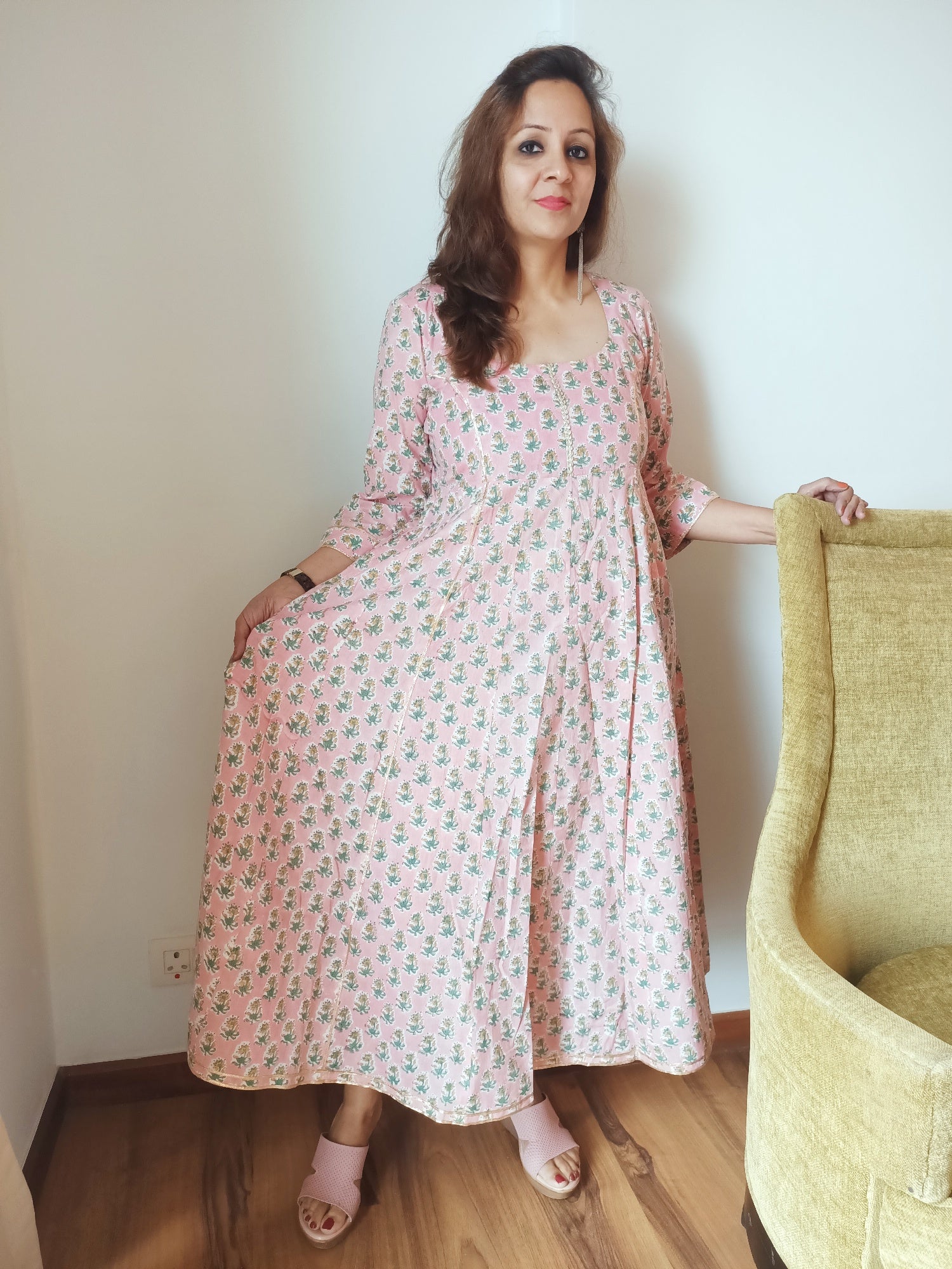 Pink cotton dress with gota work