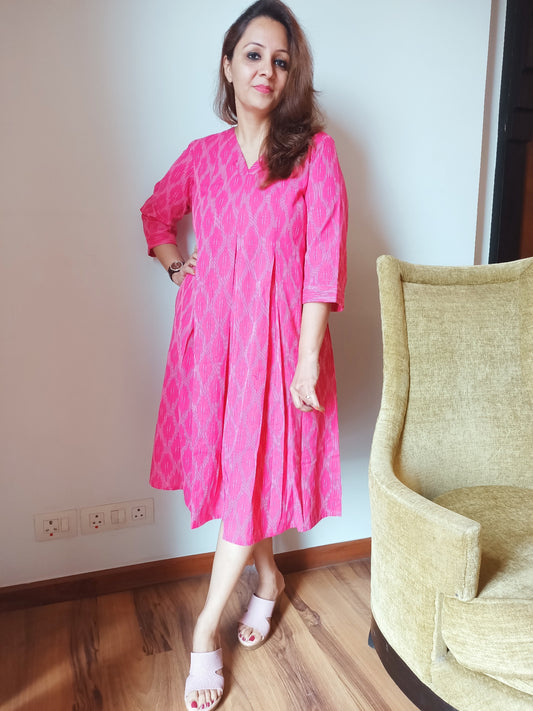 Pink Ikat Cotton Midi Dress