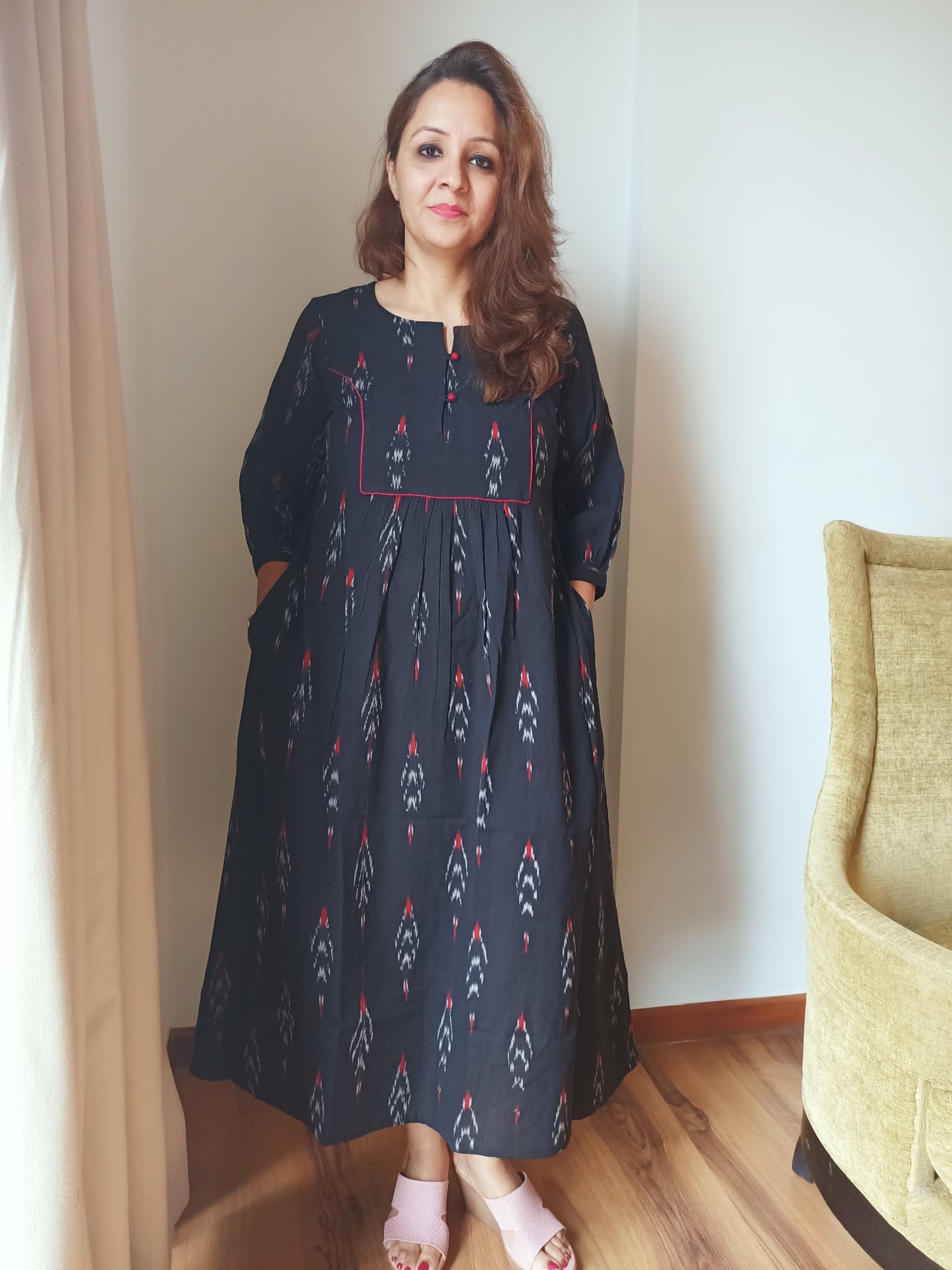 Black Ikat Cotton Dress with Yoke Work