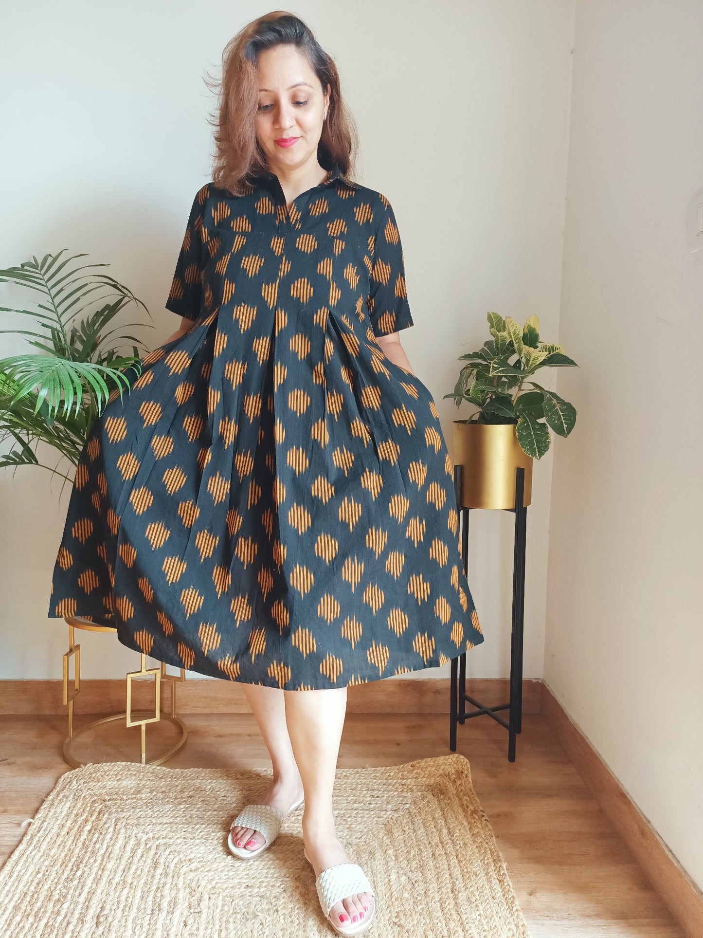 Black Ikat Cotton Midi Dress 