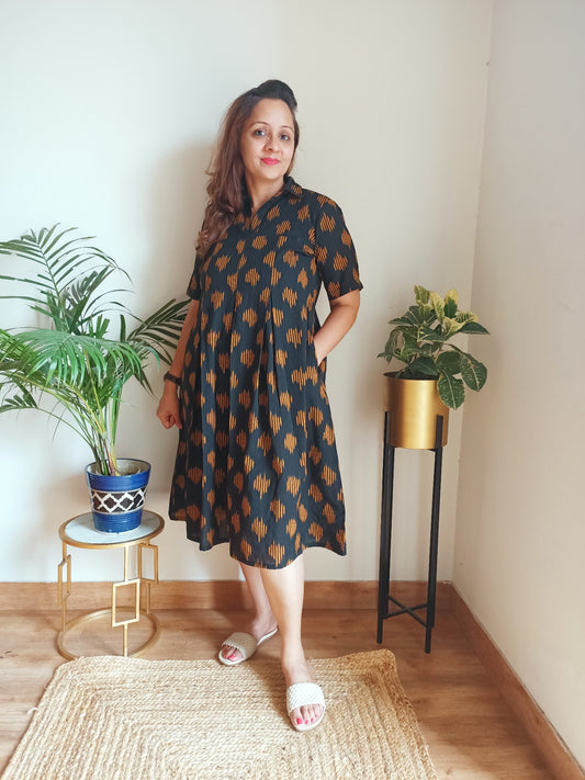 Black Ikat Cotton Midi Dress 