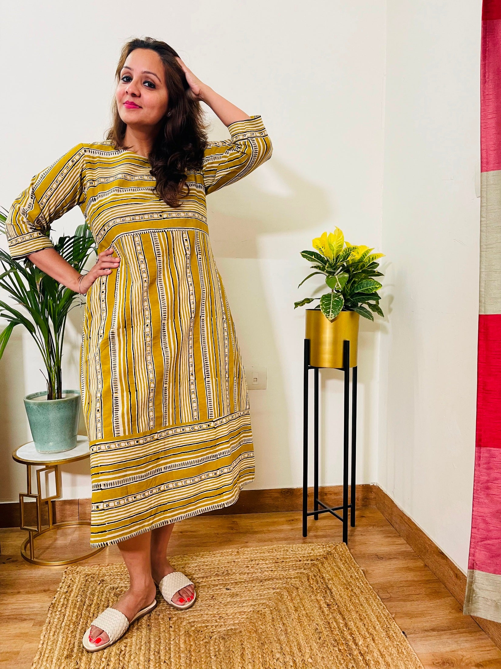 Olive Color Hand-Blocked Cotton Dress for Women