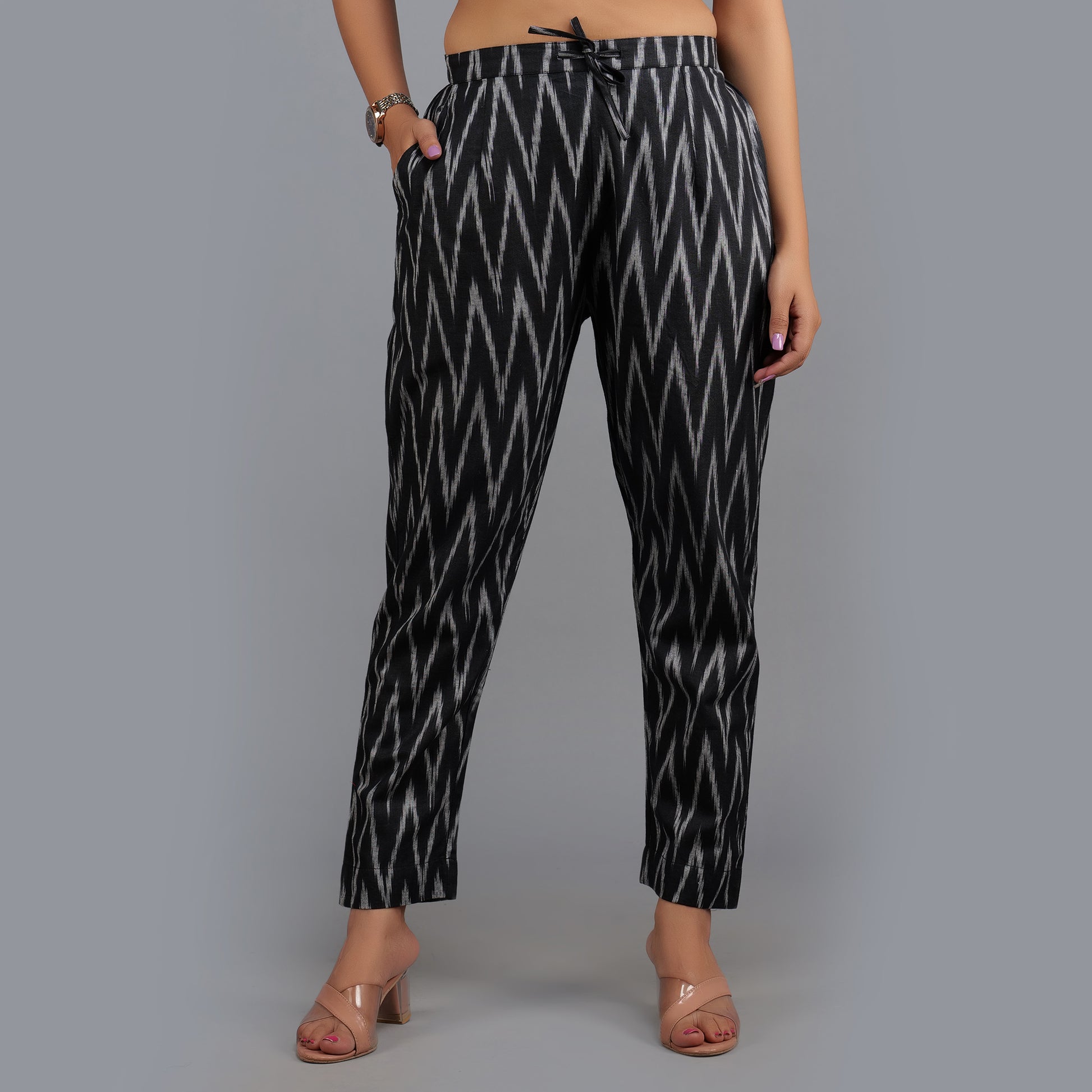 Darzaania Black Ikat Cotton Pants for Women