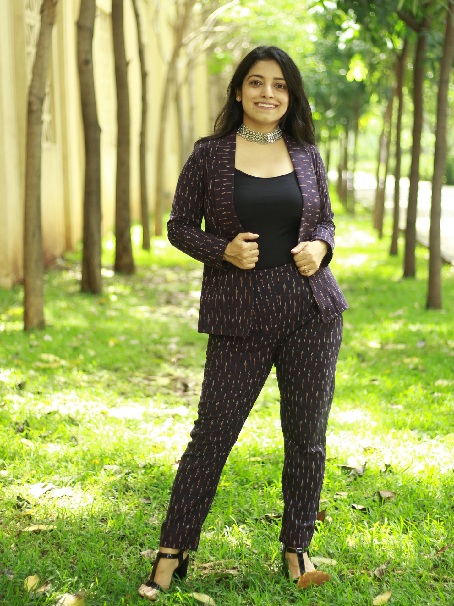 Dark Purple Ikat Blazer with pants for women 